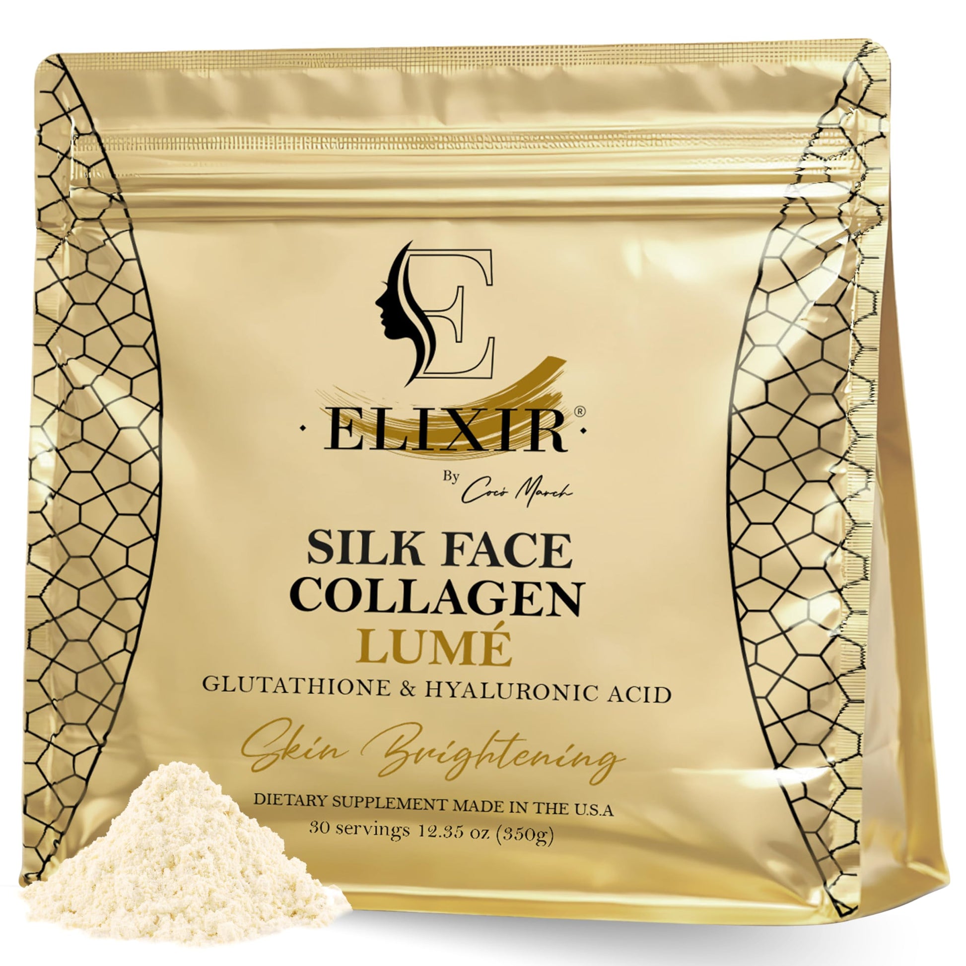 Elixir by Cocó March Silk Face Collagen Lumé Powder with Hyaluronic Acid & Glutathione – Collagen Peptides 20g Protein Powder for Women – Supports Skin Care, Hydration, Elasticity & Radiance - 12.35 Ounce