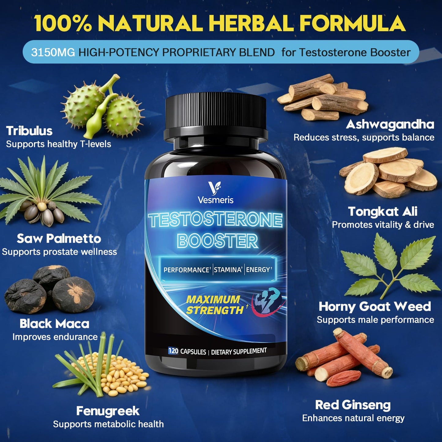 Vesmeris Testosterone Booster for Men - 16-in-1 Complex Male Enhancing Supplement - Tongkat Ali, Fenugreek, Horny Goat Weed - Natural Workout Supplement for Energy, Stamina, Muscle, Strength & Drive - 120 Capsules