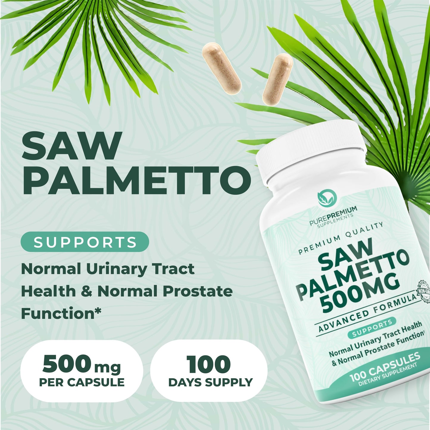PurePremium Supplements Saw Palmetto 500 mg Tablets, 100-count