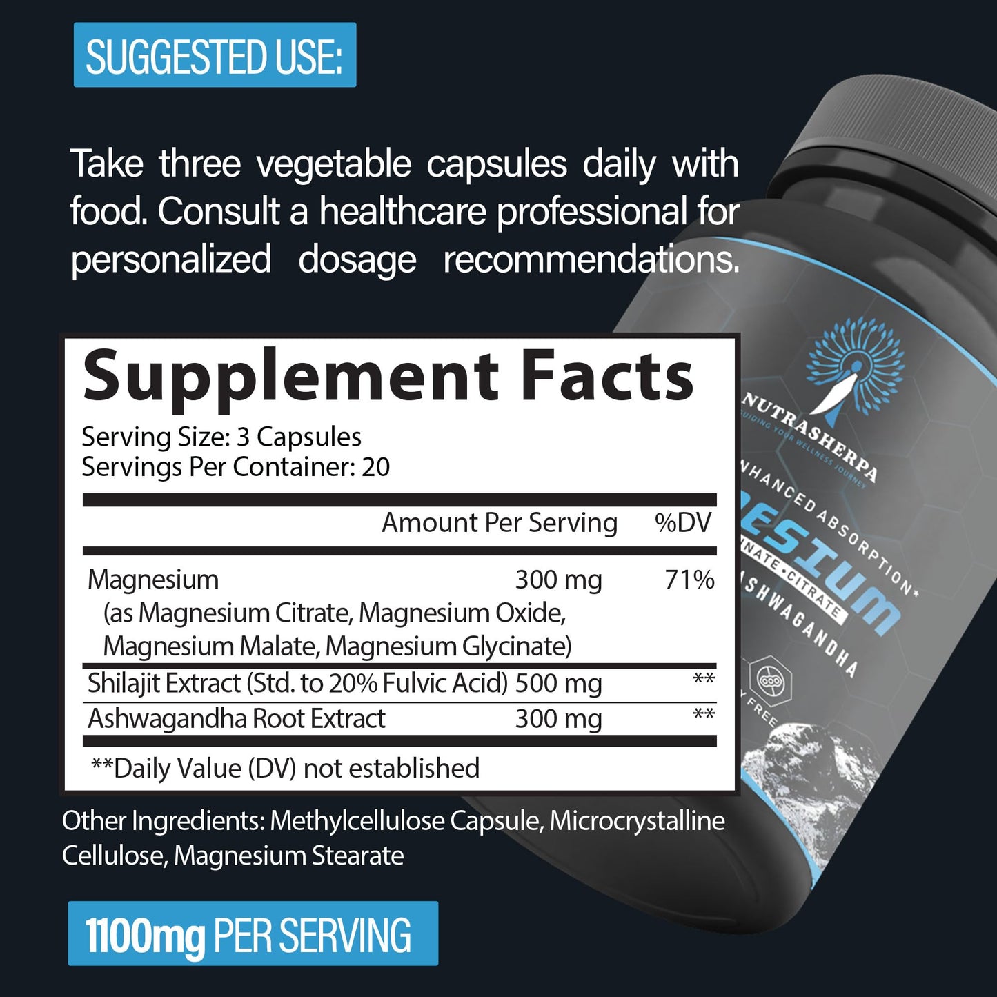 Nutrasherpa Magnesium Complex with Shilajit and Ashwagandha, 300mg Triple Magnesium Blend, Non-Buffered Formula for Absorption Capsule, 60 Count