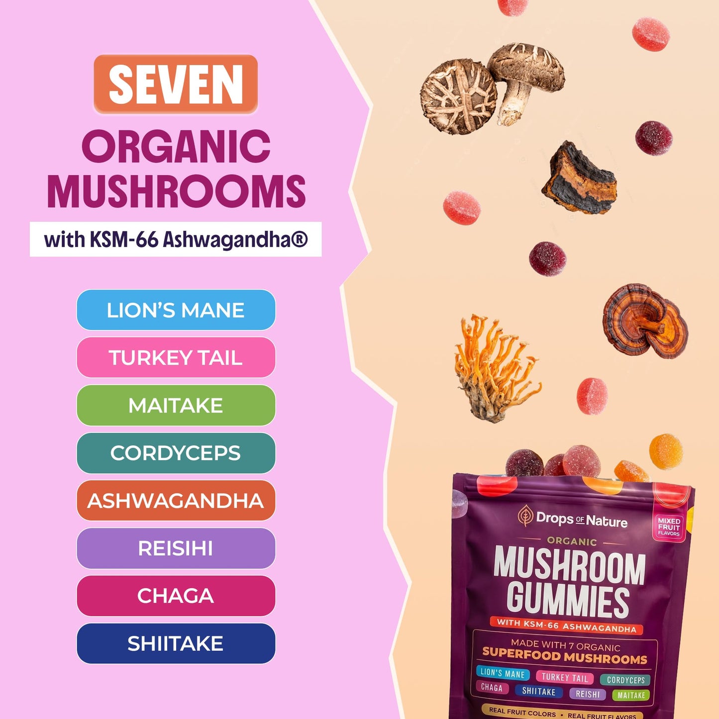 Drops Of Nature Ashwagandha & Mushroom Gummies Mixed Berry, 40 Count