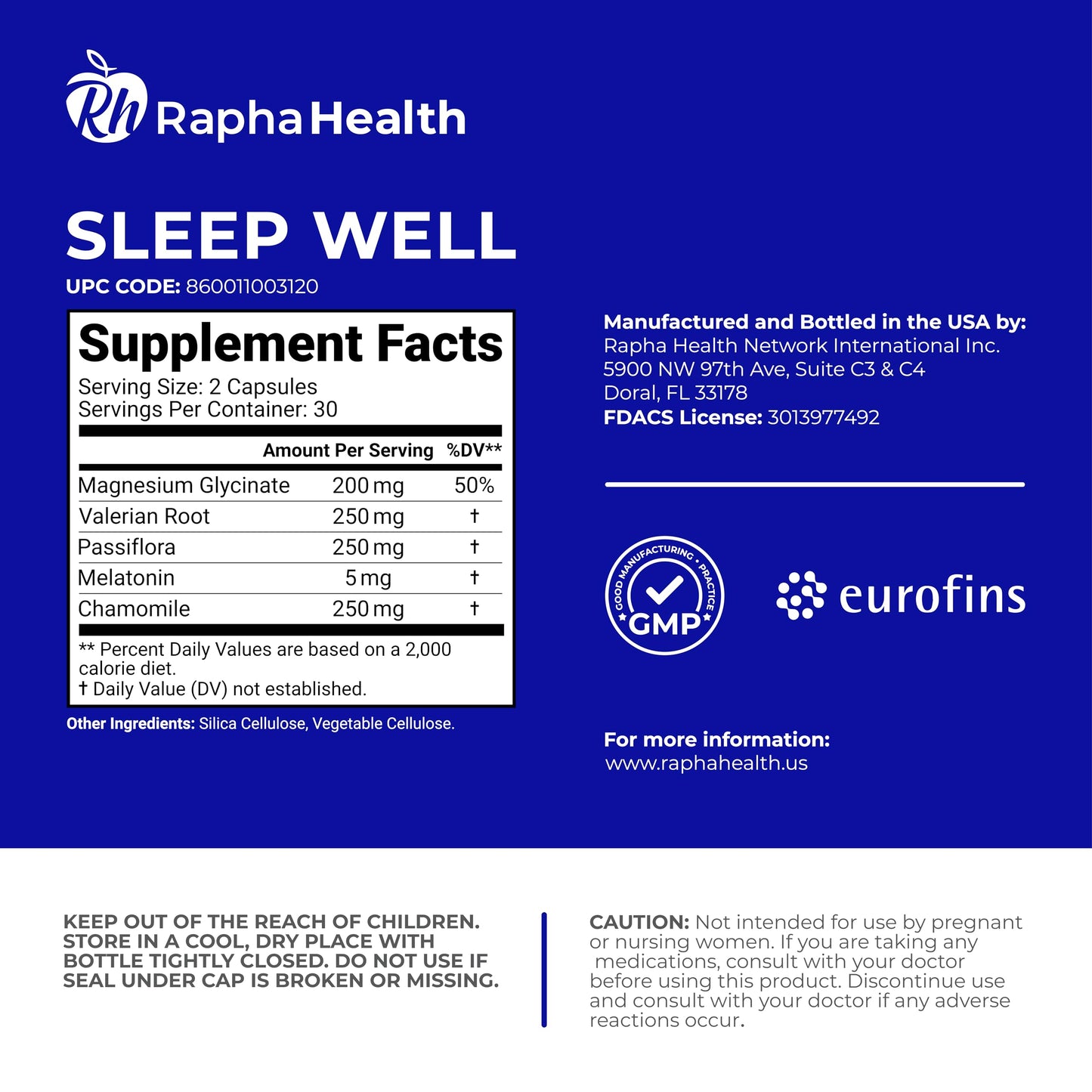 RAPHA HEALTH Sleep Well Natural Sleep Aid with Magnesium Glycinate, Valerian Root, and Chamomile, 60 Capsules