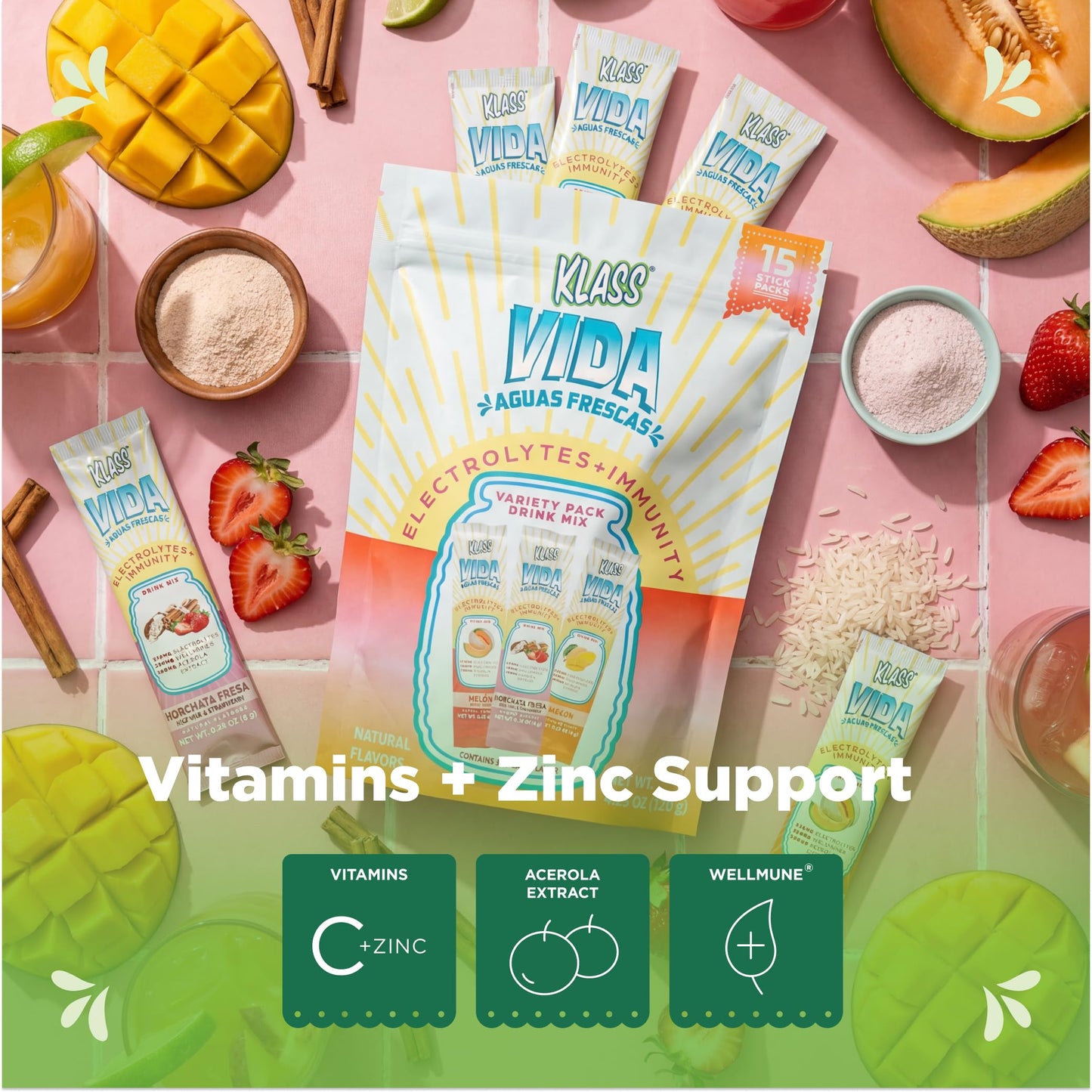 KLASS VIDA Hydration + Immunity Variety Pack Electrolytes Powder, 15 Sticks