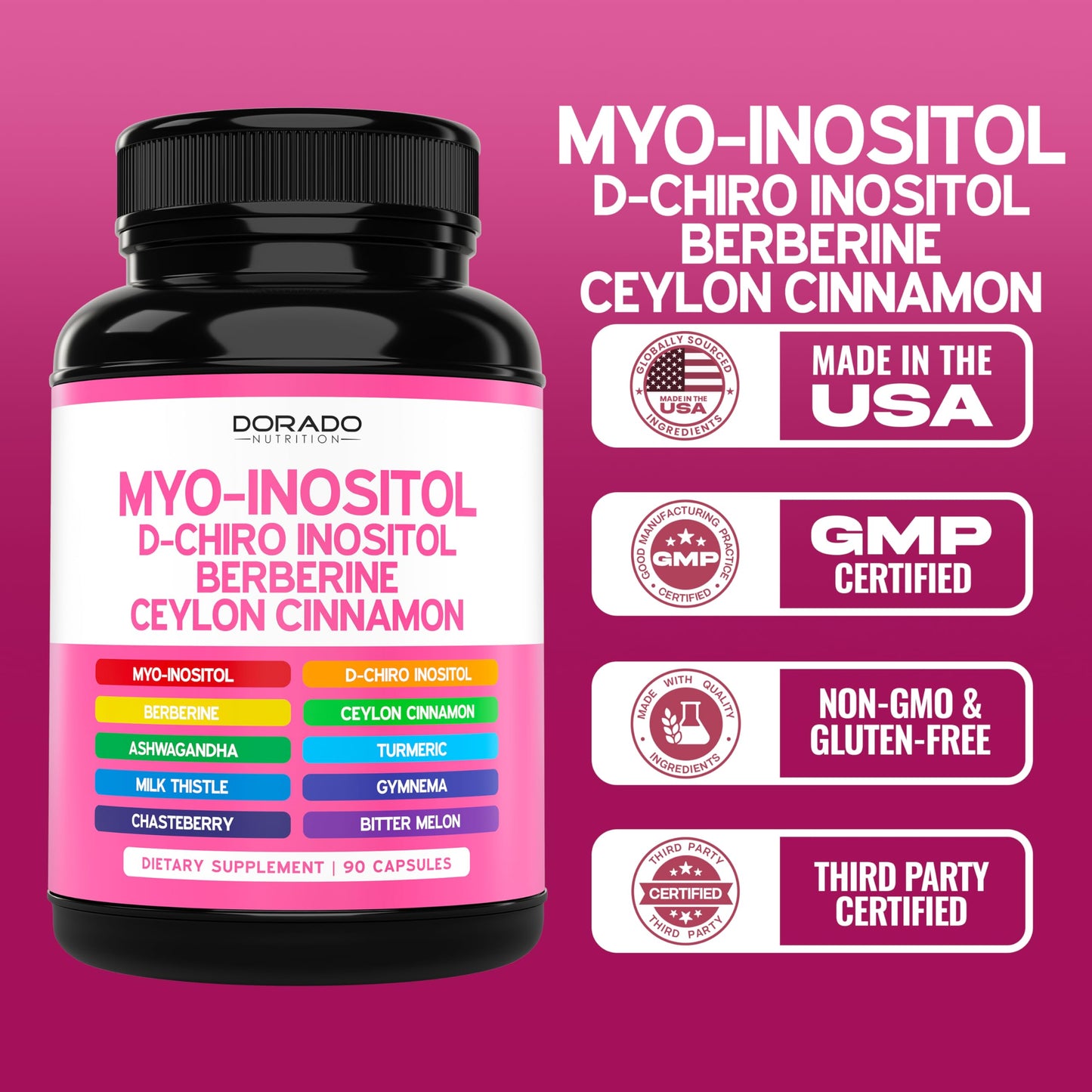 DORADO NUTRITION Myo-Inositol & D-Chiro Inositol Supplement for Women (40:1 Ratio Myo-Inositol) Capsules, 90 Count