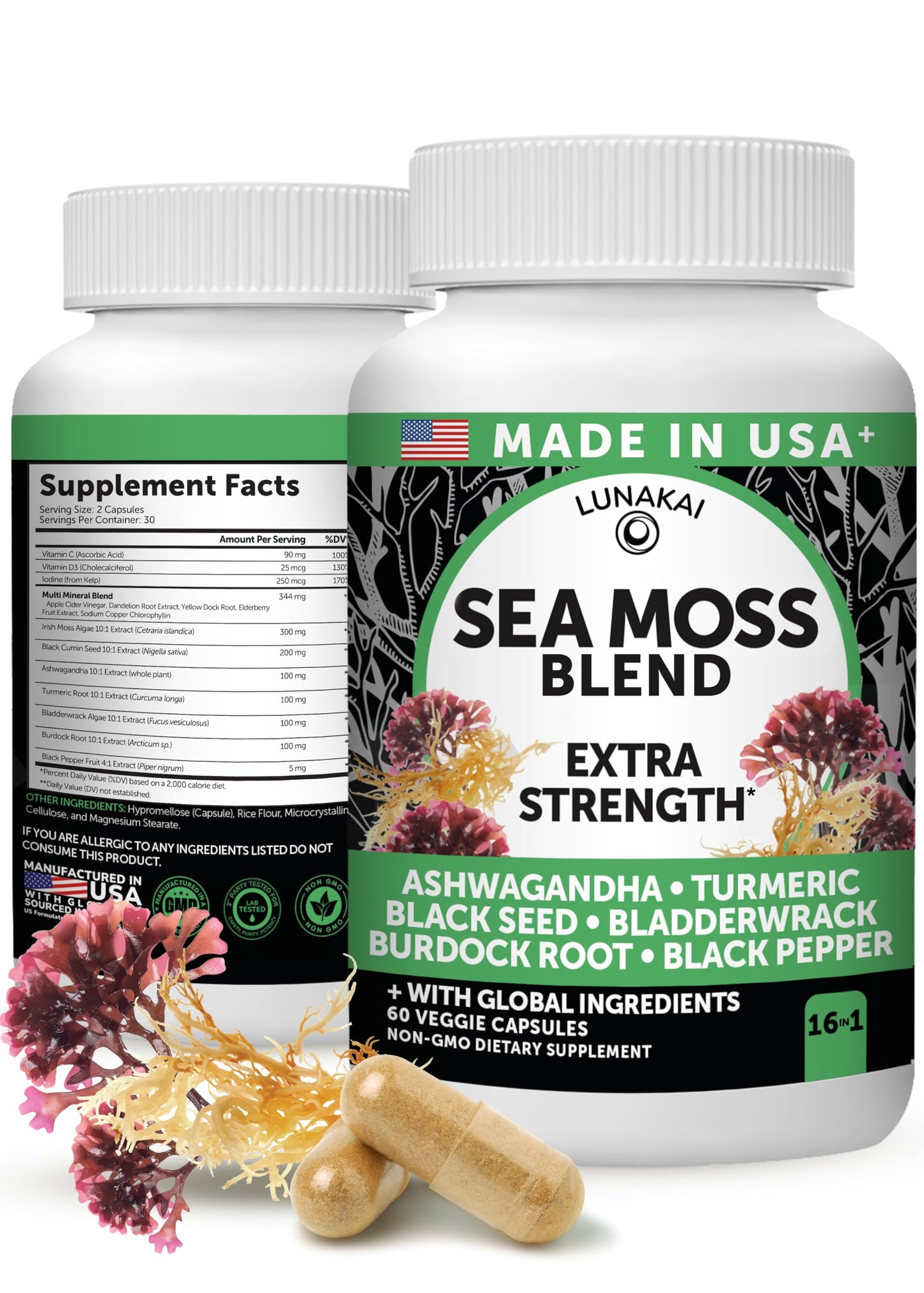 Lunakai Irish Sea Moss Capsules with Black Seed Oil, Ashwagandha, Burdock Root & Bladderwrack, 60 Capsules