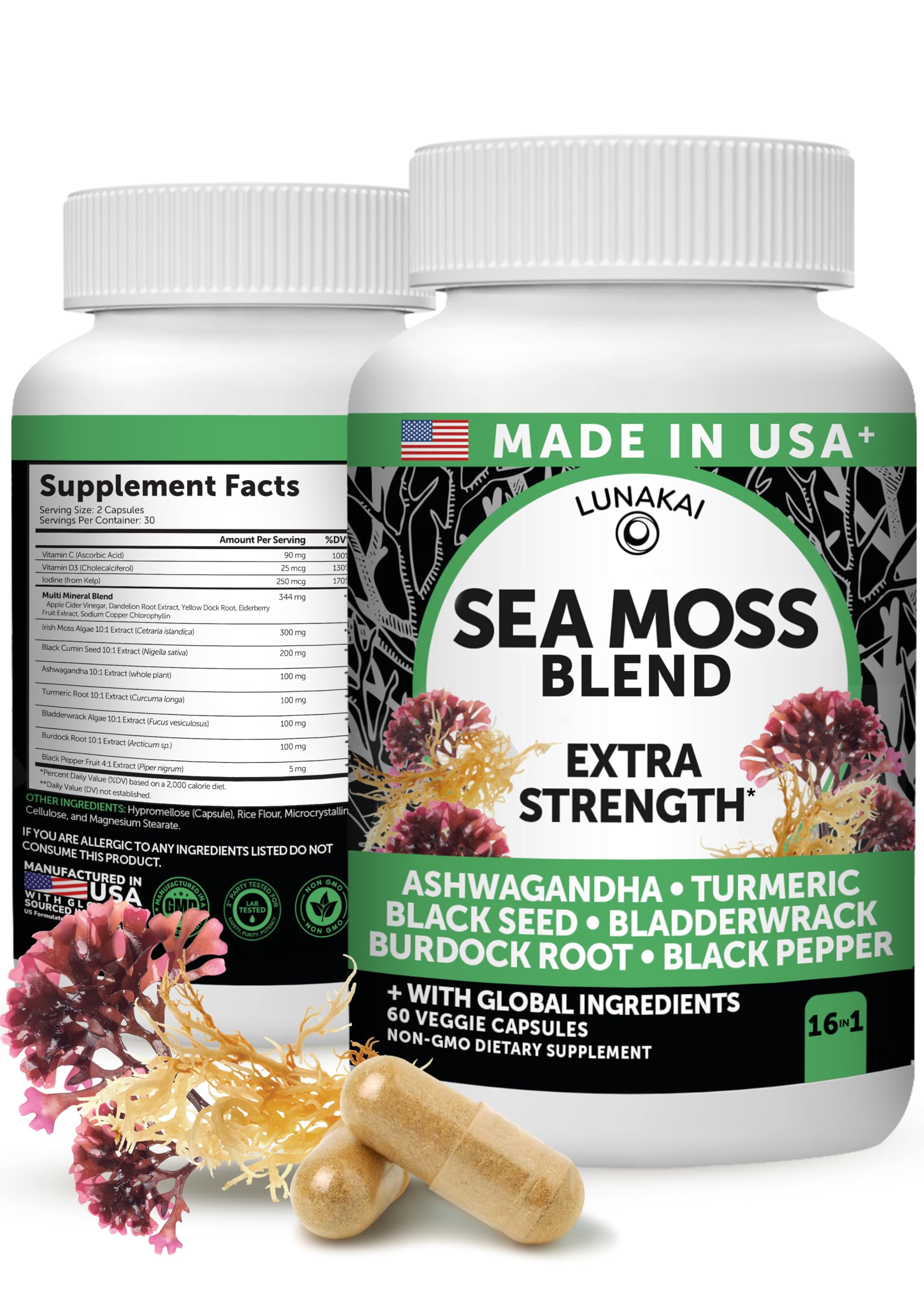 Lunakai Irish Sea Moss Capsules with Black Seed Oil, Ashwagandha, Burdock Root & Bladderwrack, 60 Capsules