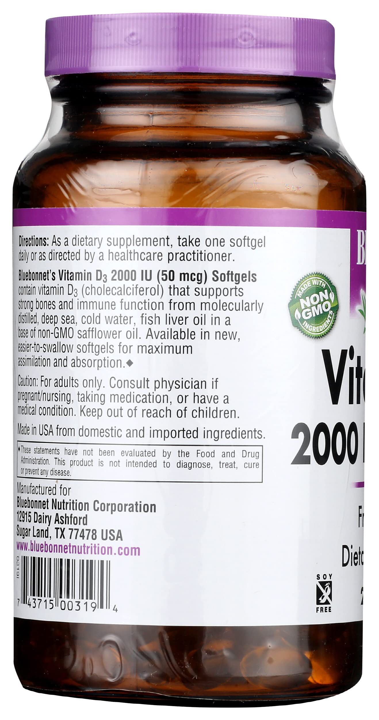 BlueBonnet Vitamin D3 2000 IU Softgels, 250 Count