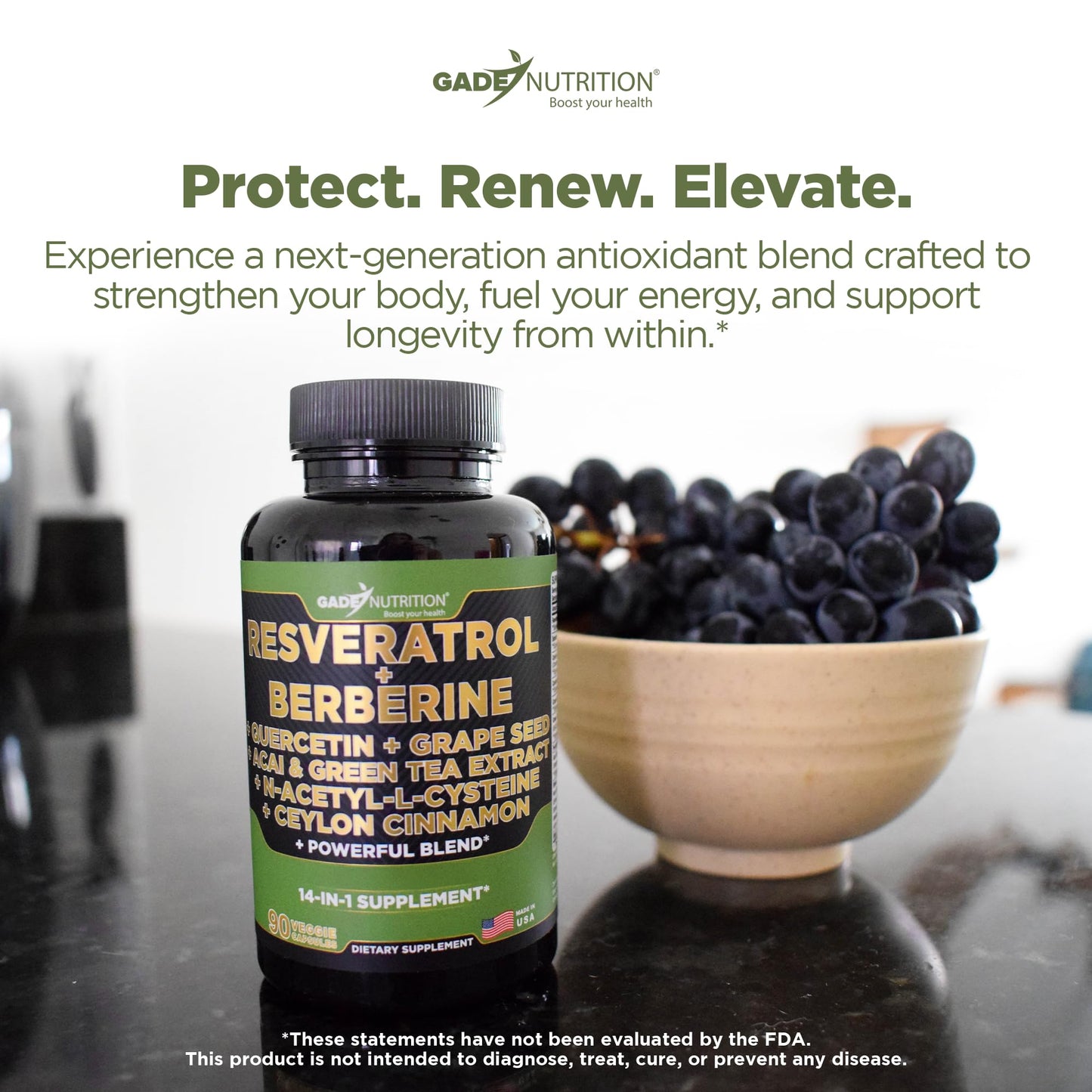 GADE NUTRITION BOOST YOUR HEALTH Resveratrol Berberine Quercetin Grape Seed Extract Green Tea Extract N-Acetyl Cysteine - 14 in 1 Complex Supplement for Women & Men with Potent Antioxidants 90 Capsules