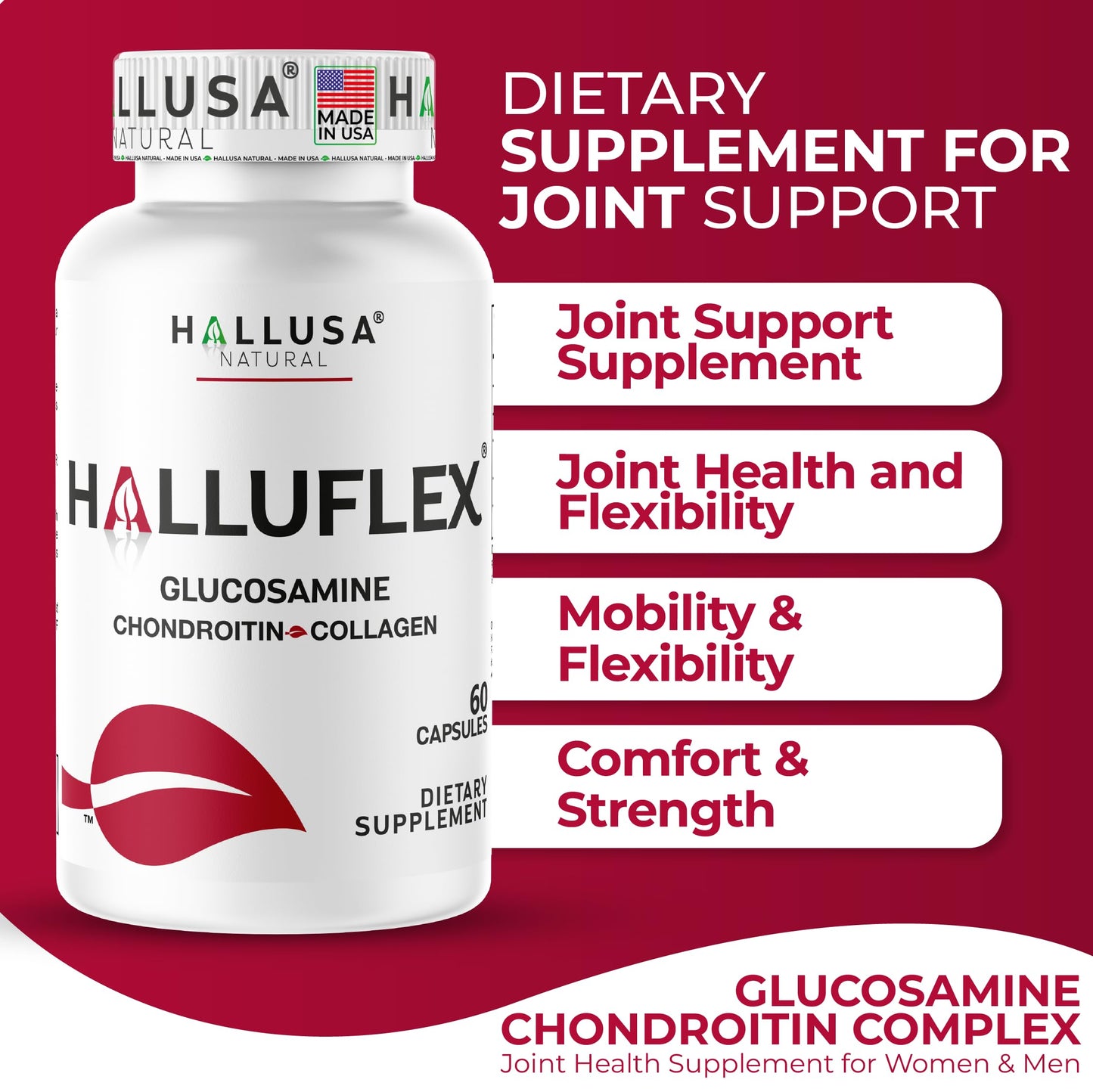 Hallusa Natural Halluflex 2850mg Glucosamine Chondroitin, MSM & Hydrolyzed Collagen Joint Support Capsule, 300 Capsules