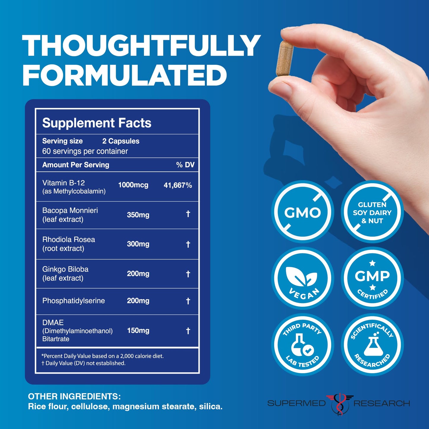 Supermed Research Nootropic Brain Supplement for Focus, Memory & Mental Clarity – Brain Support Formula with Bacopa, Rhodiola, Ginkgo Biloba, Huperzine, DMAE & Vitamin B12 – Vegan, 120 Capsules