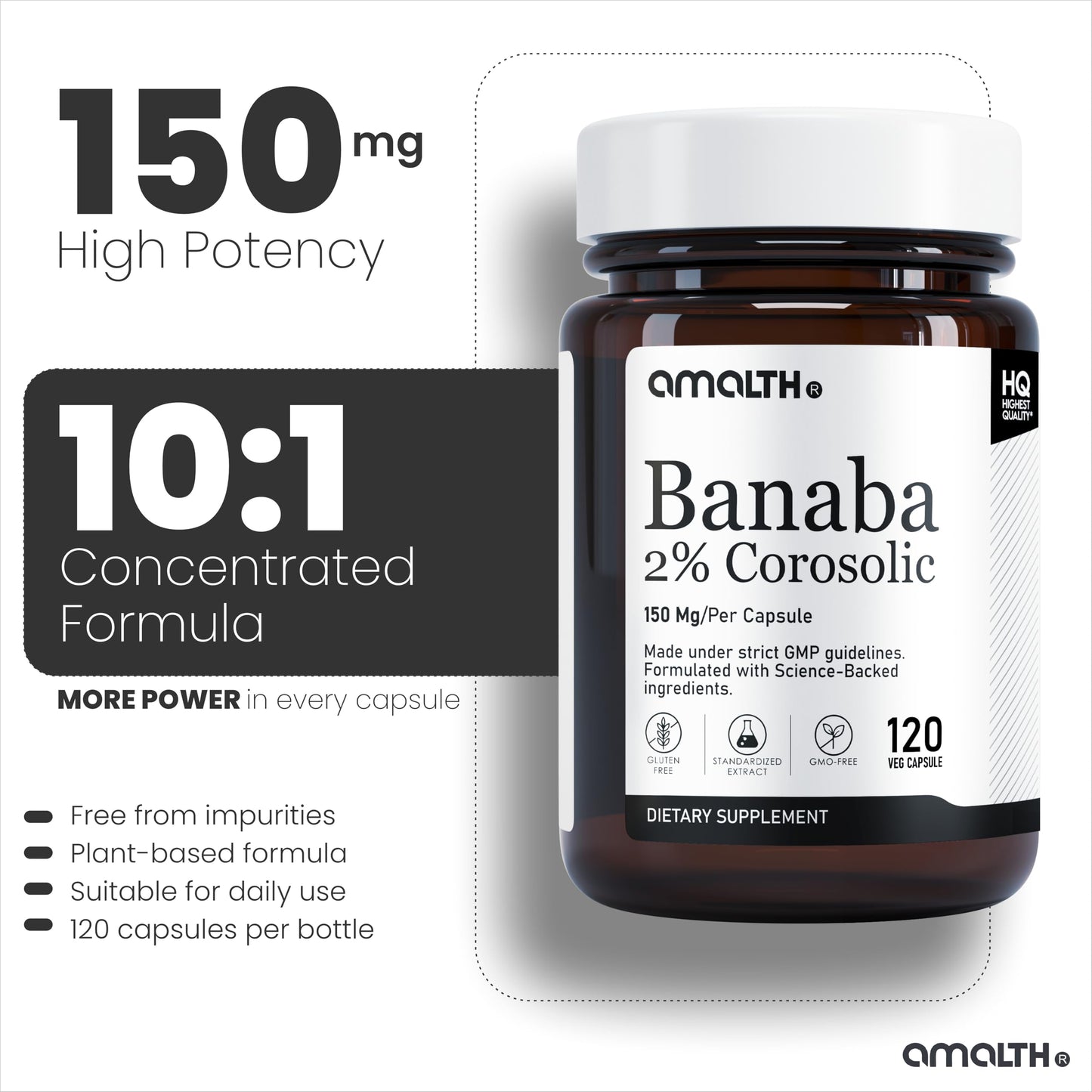 AMALTH Banaba Leaf Extract Capsules 150 mg, Corosolic Acid 2%, Lagerstroemia Speciosa Extract with Black Pepper Extract, 120 Veg Capsules, Non-GMO