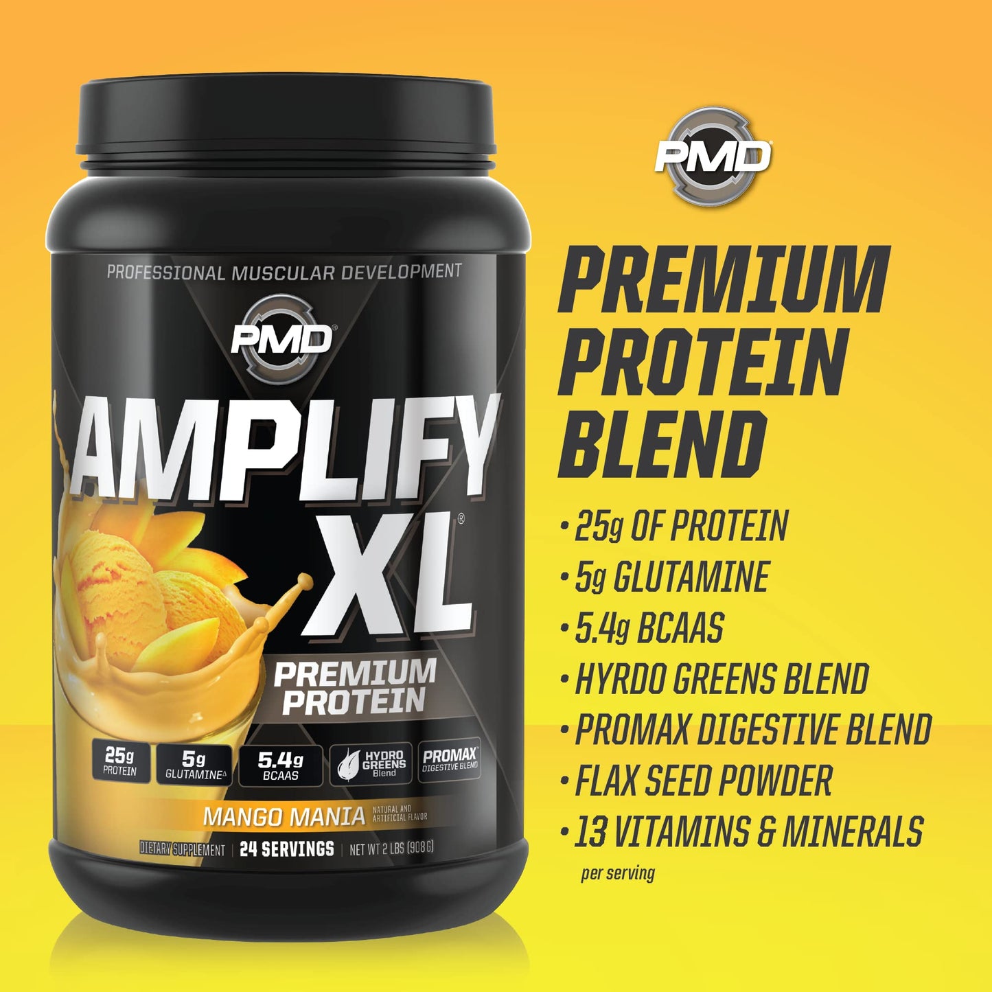 PMD Sports Amplify XL Premium Whey Protein Powder Mango Mania, 2 lb, Pack of 1
