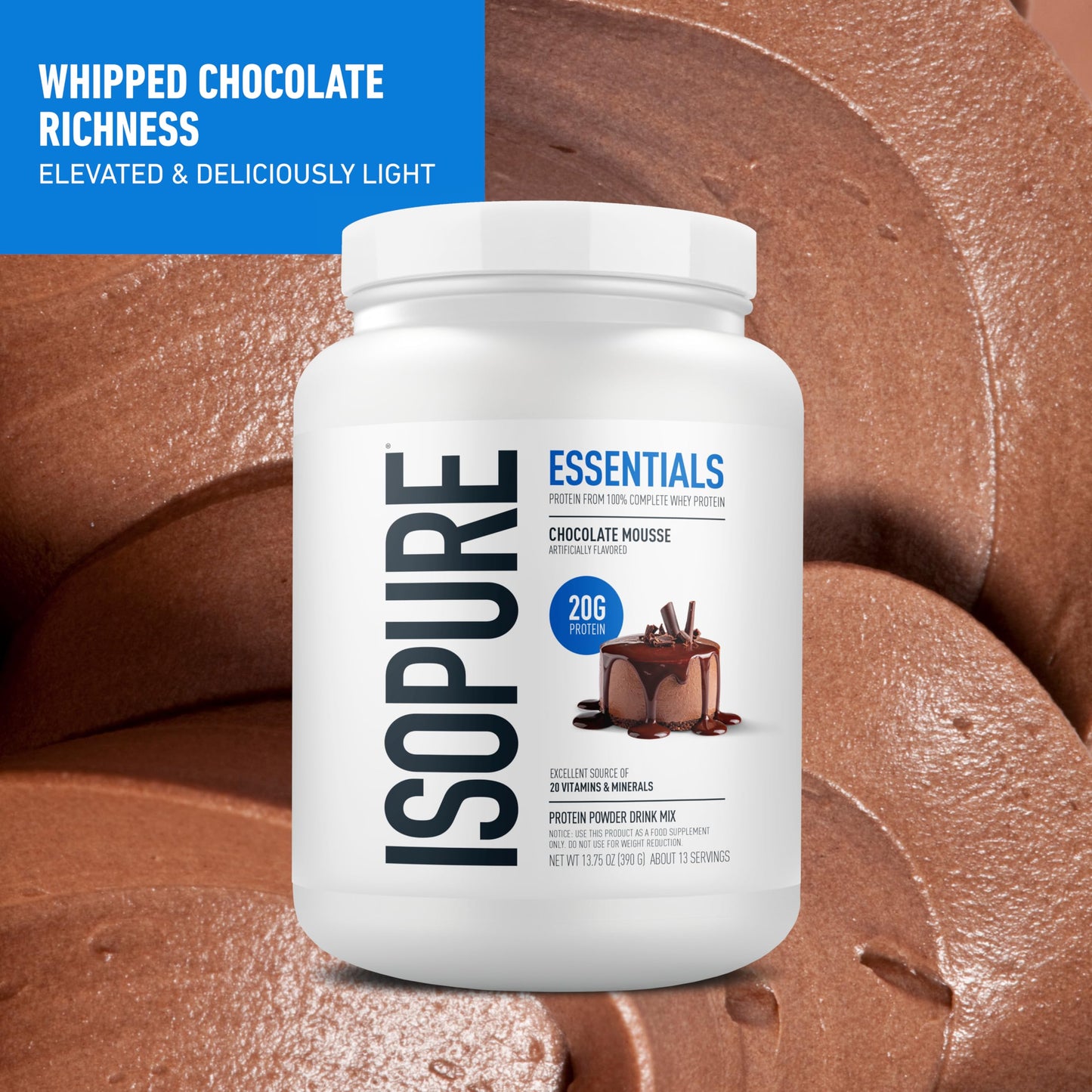Isopure Essentials 100% Whey Protein Powder with Vitamins, Chocolate Mousse, 13 Servings