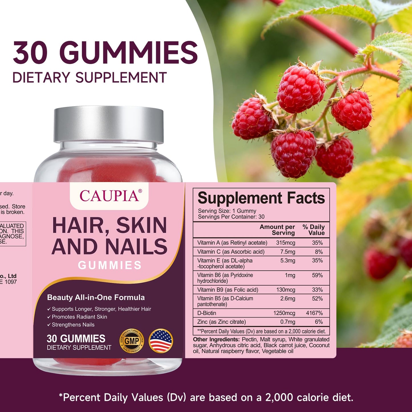 CAUPIA Hair Skin and Nails All-in-One Advanced Formula Supports Hair Growth - Skin Health & Nail Strength Capsules 30
