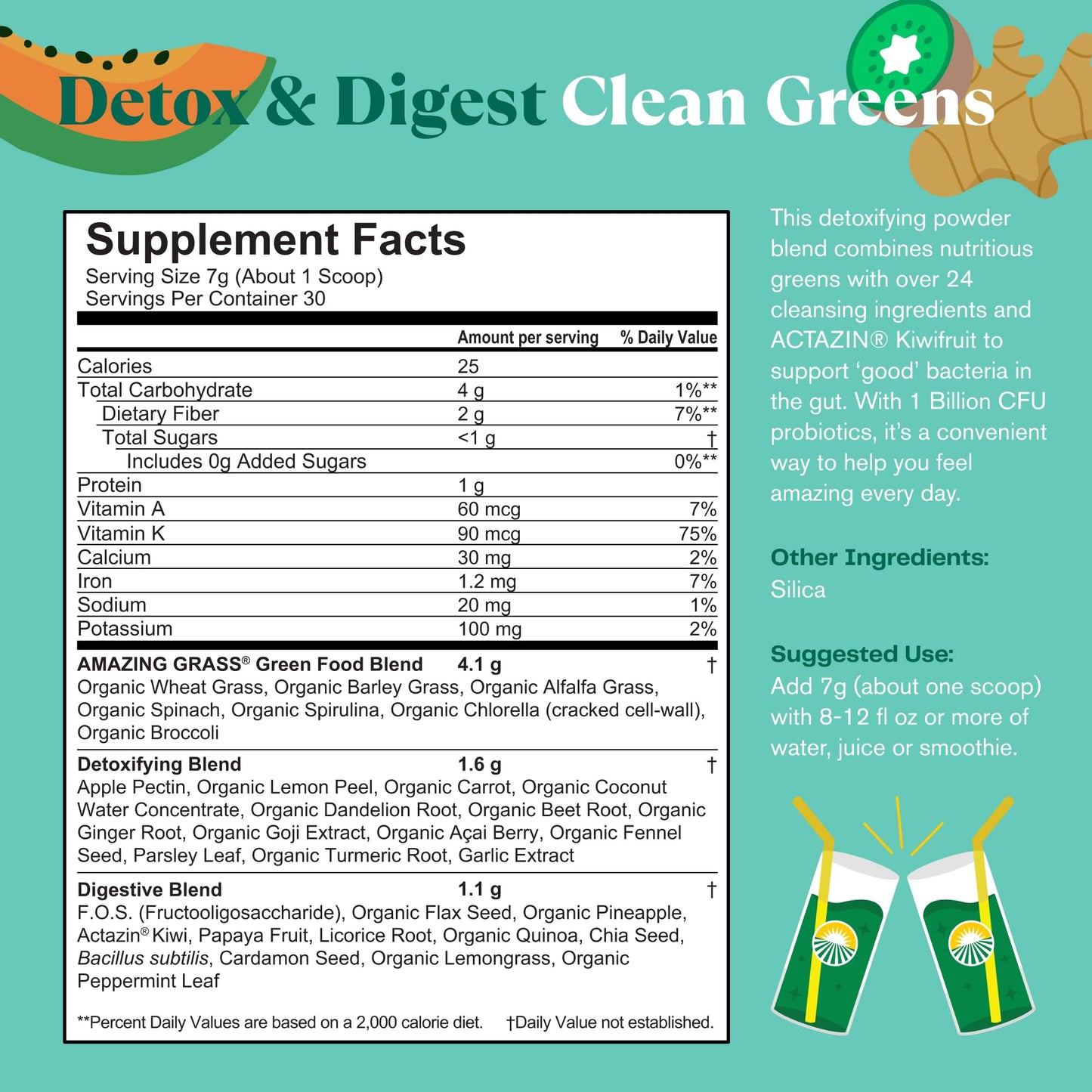 Amazing Grass Greens Blend Detox & Digest Smoothie Mix with Digestive Enzymes & Probiotics, Clean Greens Powder, Powder 7.4