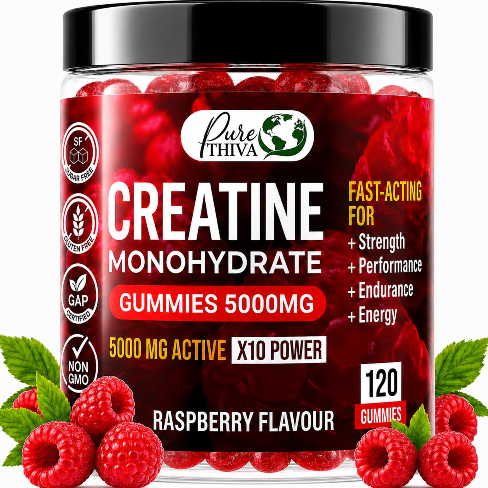 PureThiva Creatine Monohydrate Gummies 5000mg, Sugar Free Raspberry, Vegan, 120 Count, with Turmeric & Black Pepper for Muscle Strength, Energy & Endurance