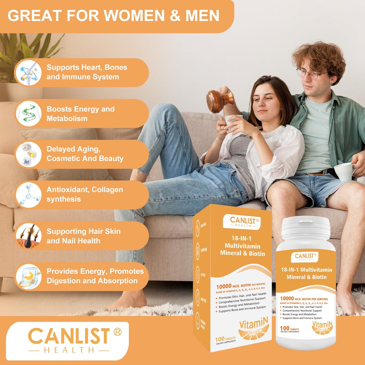 CANLIST Hair Skin and Nails Multi-Vitamin for Men & Women, 100 Tablets