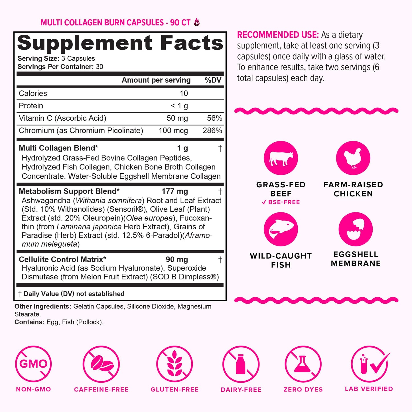 Vitauthority Multi Collagen Burn: Multi-Type Hydrolyzed Protein Peptides with Hyaluronic Acid, Vitamin C, SOD B Dimpless, Types I, II, III, V and X, Caffeine-Free (Unflavored Capsules) 90 Capsules