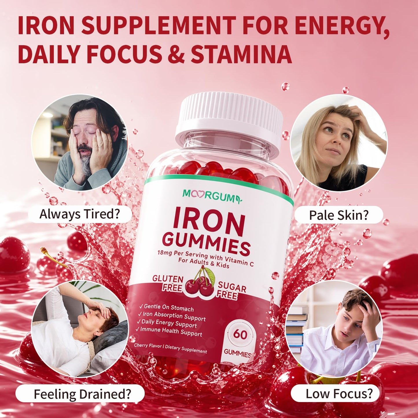 MOORGUMY Iron Gummies with Vitamin C, 18mg Iron, High Absorption, Cherry Flavor, 60 Count