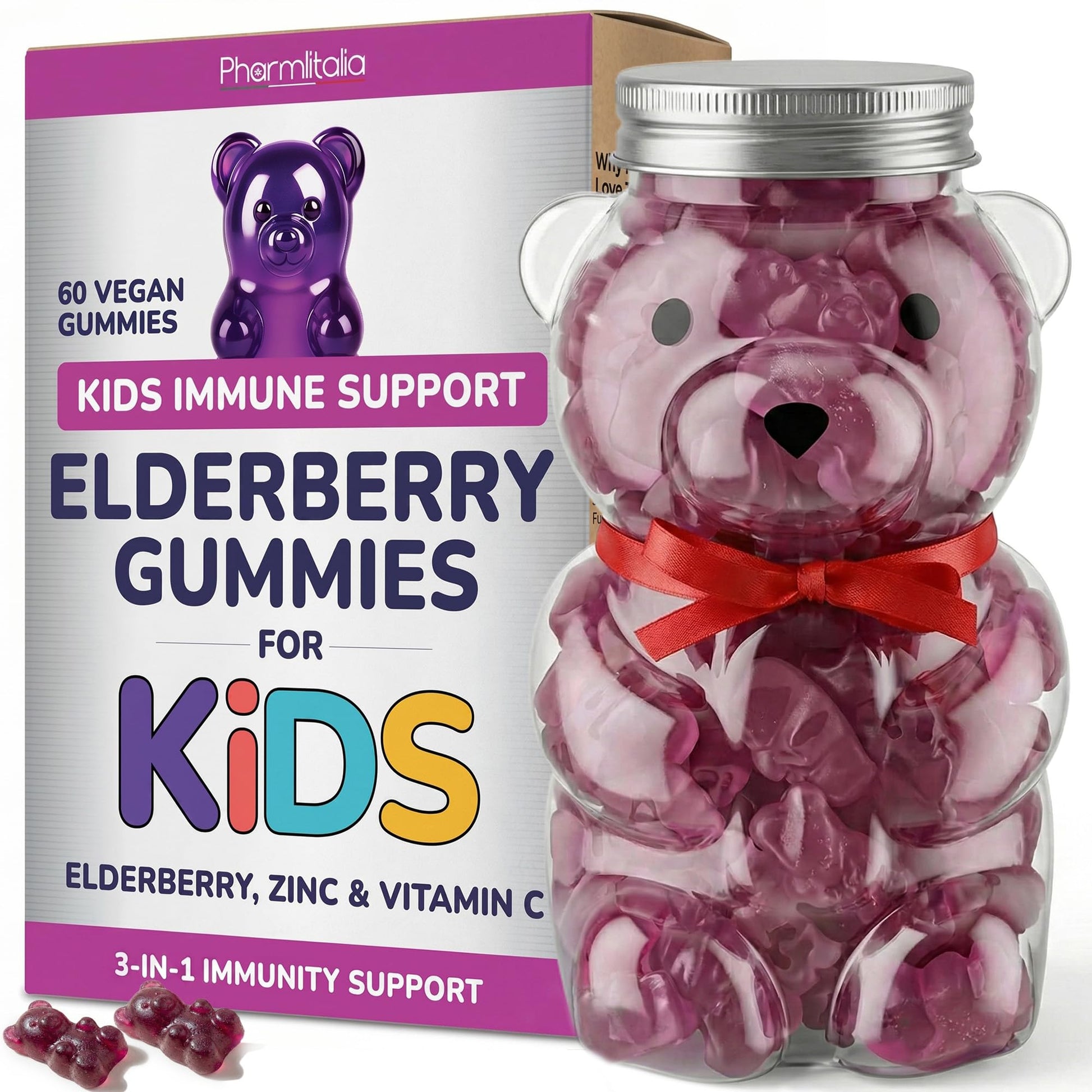 Pharmlitalia Elderberry Gummies for Kids 3 in 1 Elderberry Vitamin C and Zinc, Vegan Organic Immune Support, No Added Sugar, Dentist Friendly, Non-GMO, Allergen Free, 60 Gummies