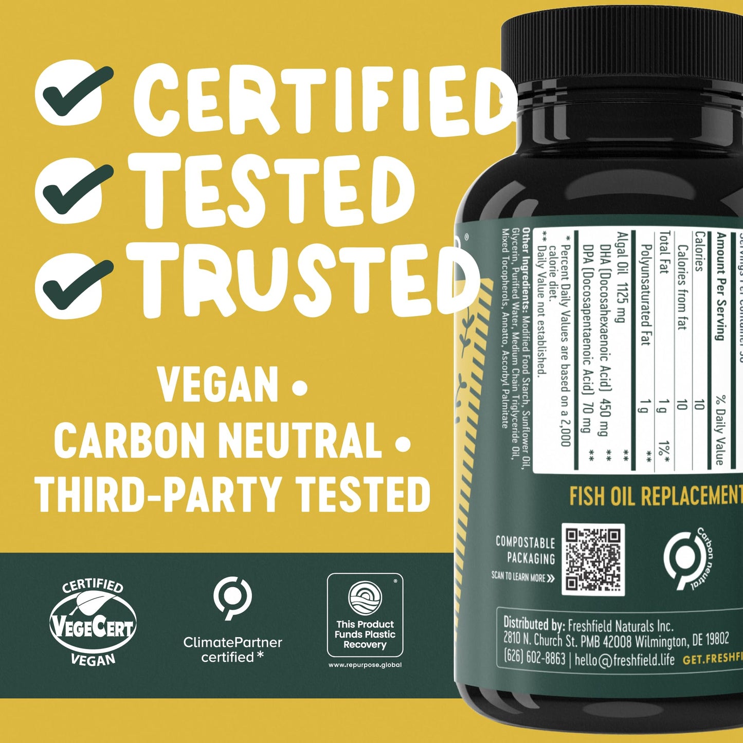 Freshfield Vegan Omega 3 Algae Oil Softgels 180 Count