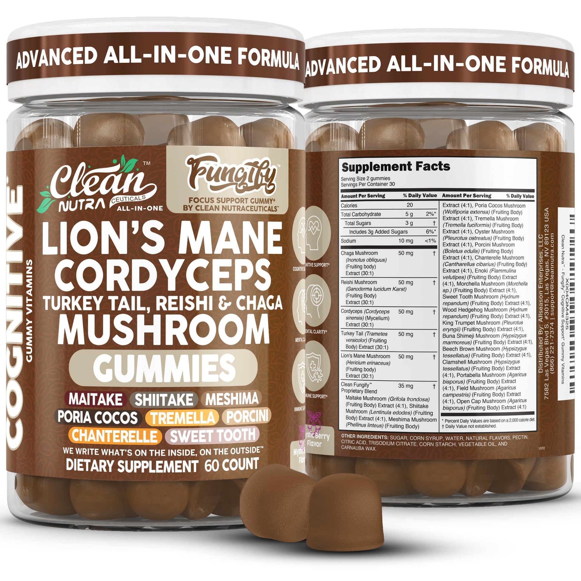 Clean Nutraceuticals Lions Mane Mushroom Gummies with Cordyceps for Memory and Focus Immune Support, 60 Count
