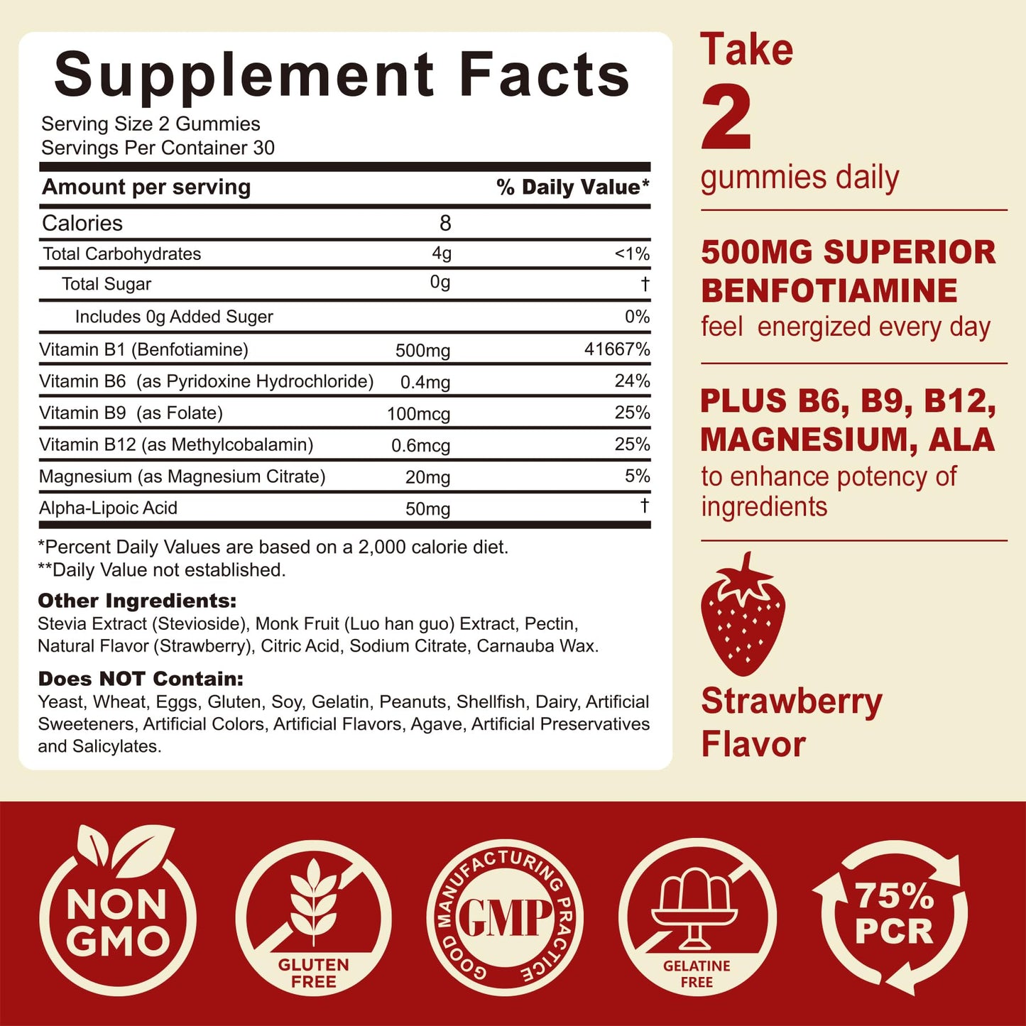 Safgumjel Vitamin B1 (Benfotiamine) Gummies 500mg – B1 B6 B12 with Magnesium for Energy Metabolism and Healthy Nervous System, Chewable B Complex for Adults & Kids – Vegan, Sugar Free, 60 Ct