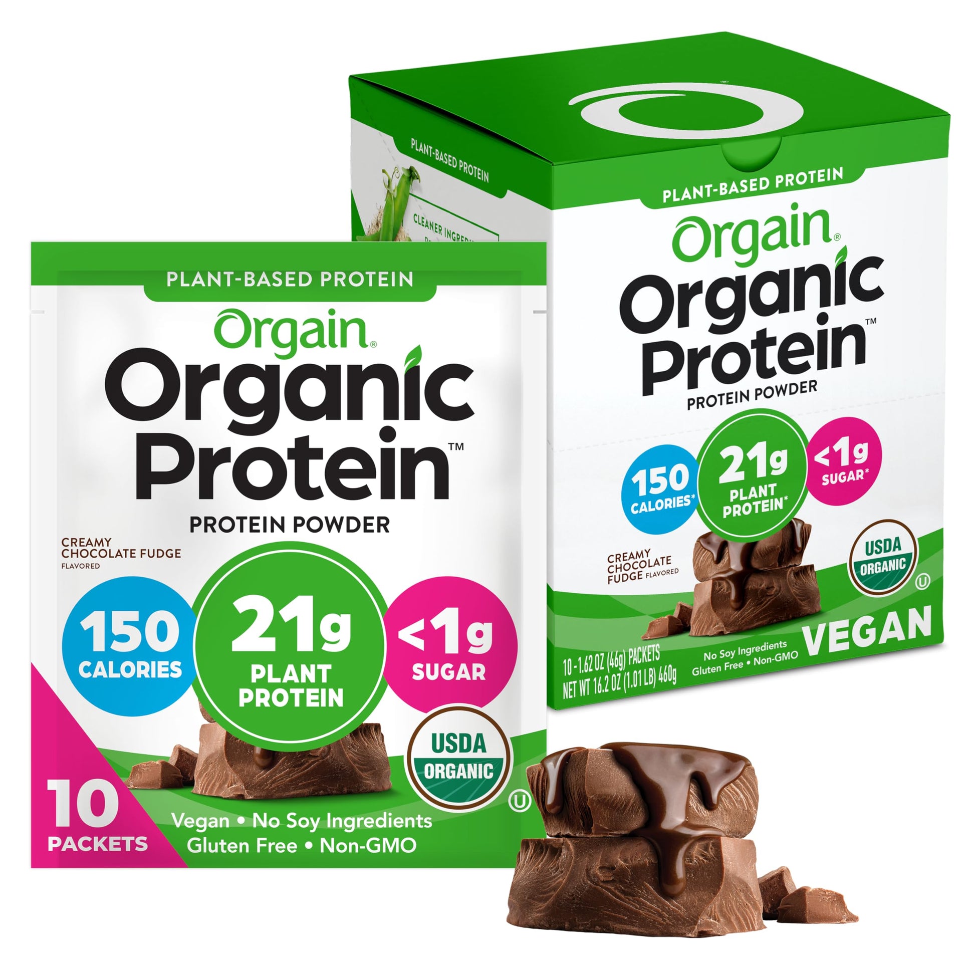 Orgain Organic Vegan Protein Powder Creamy Chocolate Fudge, 10 Single-Serve Packets