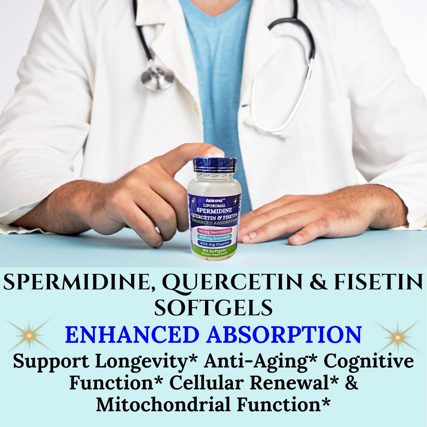 Nikoni Liposomal Spermidine, Quercetin, Fisetin 860mg Supplement for Healthy Aging, Cellular Renewal, Cognitive Function 60 Softgels