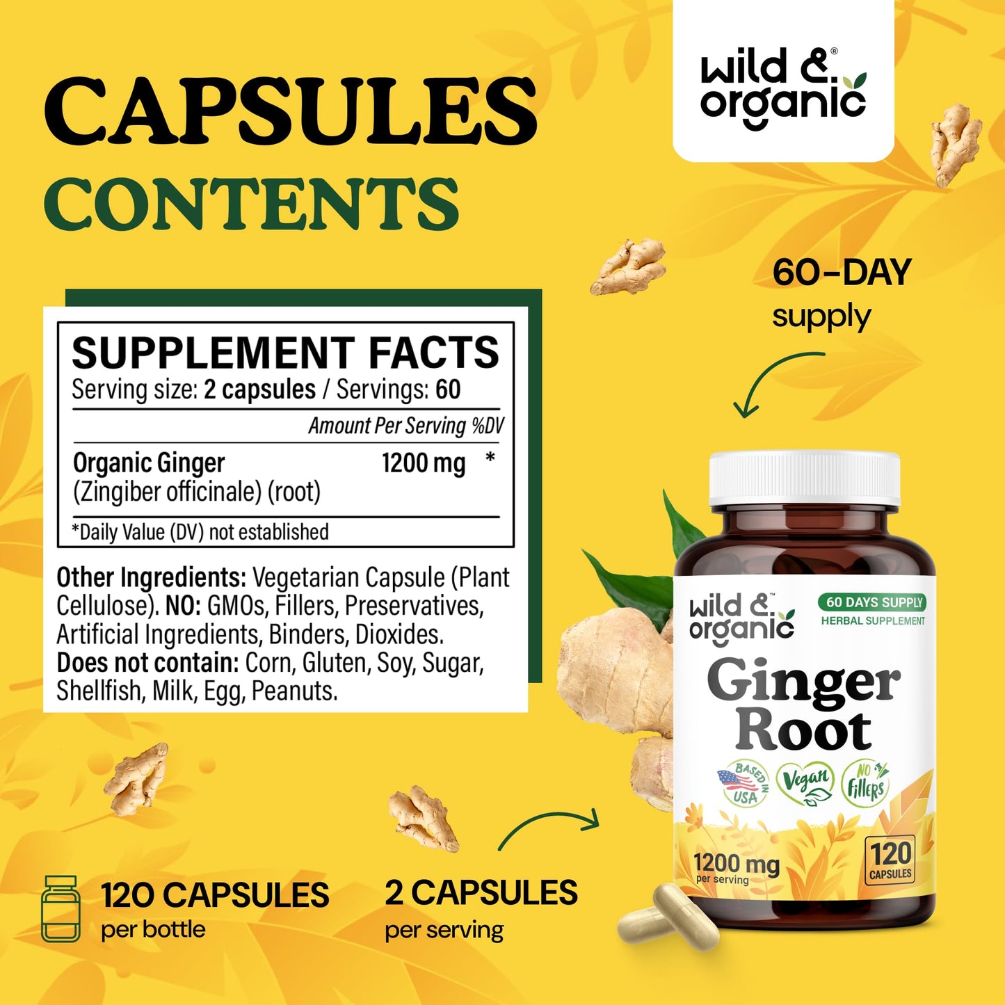 Wild & Organic Ginger Root Capsules 1200 mg - Immune & Digestive Support - Ginger Root Supplement - Zingiber Officinale Powder - 60 Days of Supply - Vegan, No Fillers, Non-GMO - 120 Count