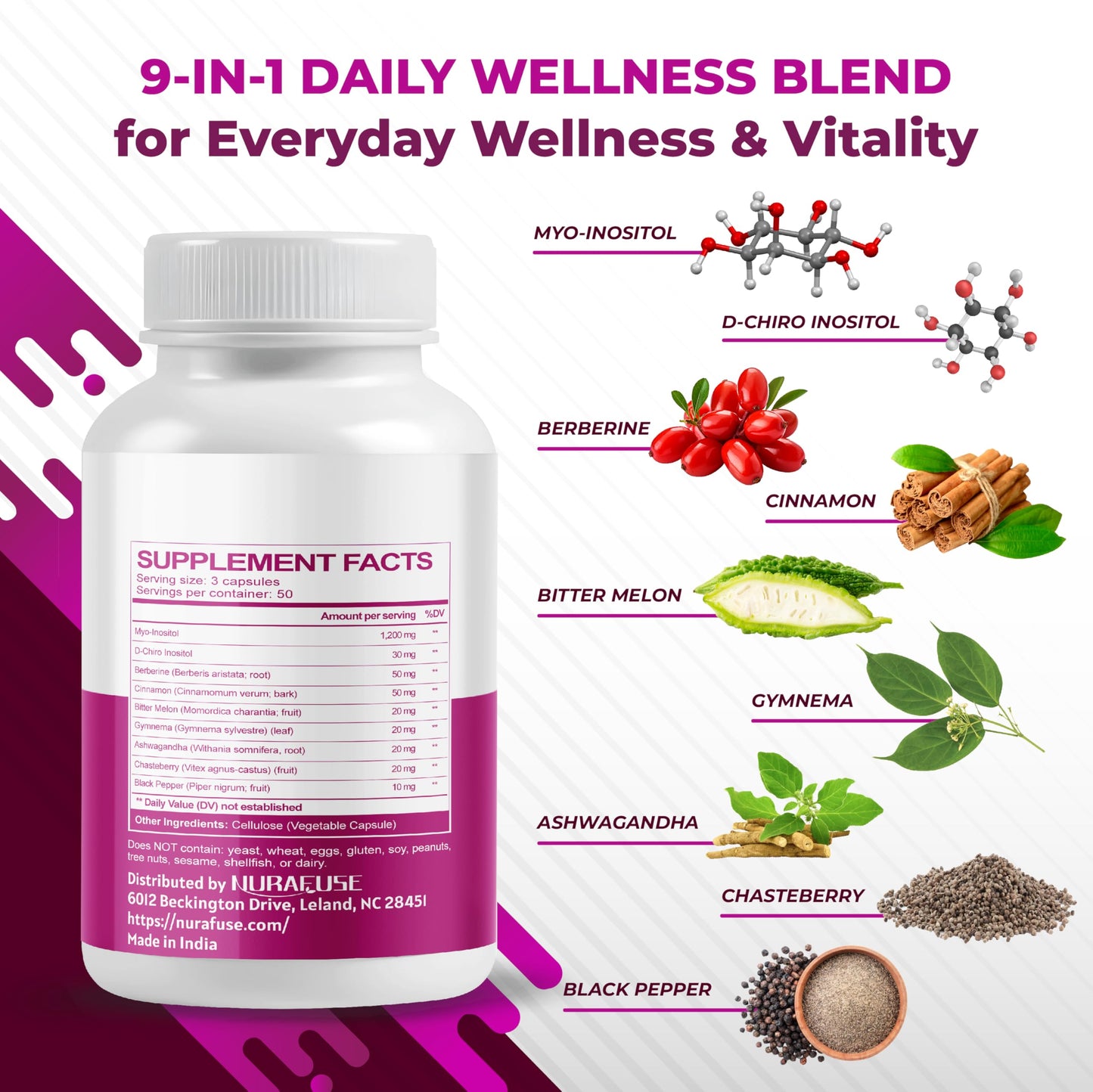 NURAFUSE High Potency Myo-Inositol & D-Chiro Inositol with Chasteberry, Cinnamon, Bitter Melon & Gymnema – Supports Optimal Hormone Balance, Healthy Metabolism Capsules 150