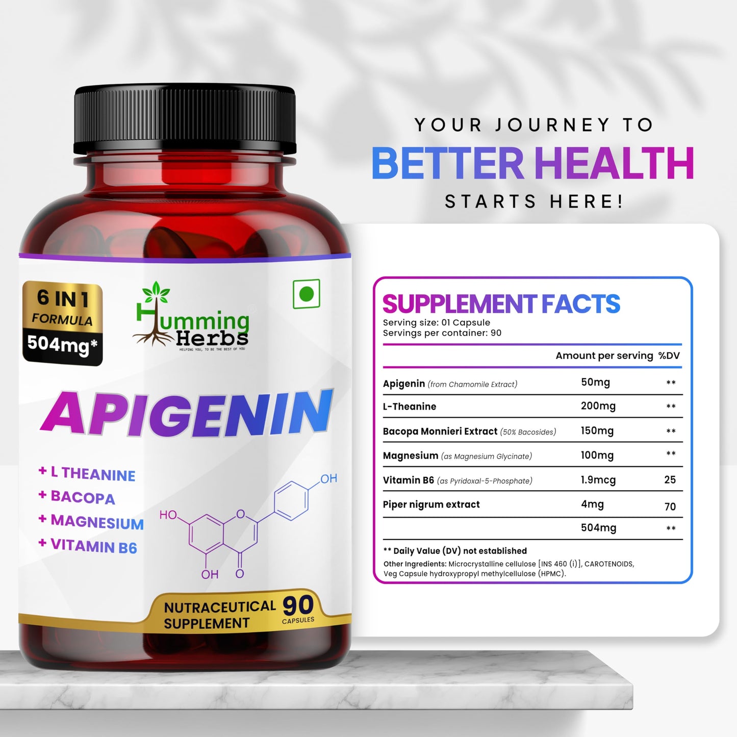 Humming Herbs Apigenin 504mg 6-in-1 Brain & Wellness Supplement with L-Theanine, Bacopa, Magnesium, Vitamin B6, Piper Nigrum, 90 Vegan Capsules