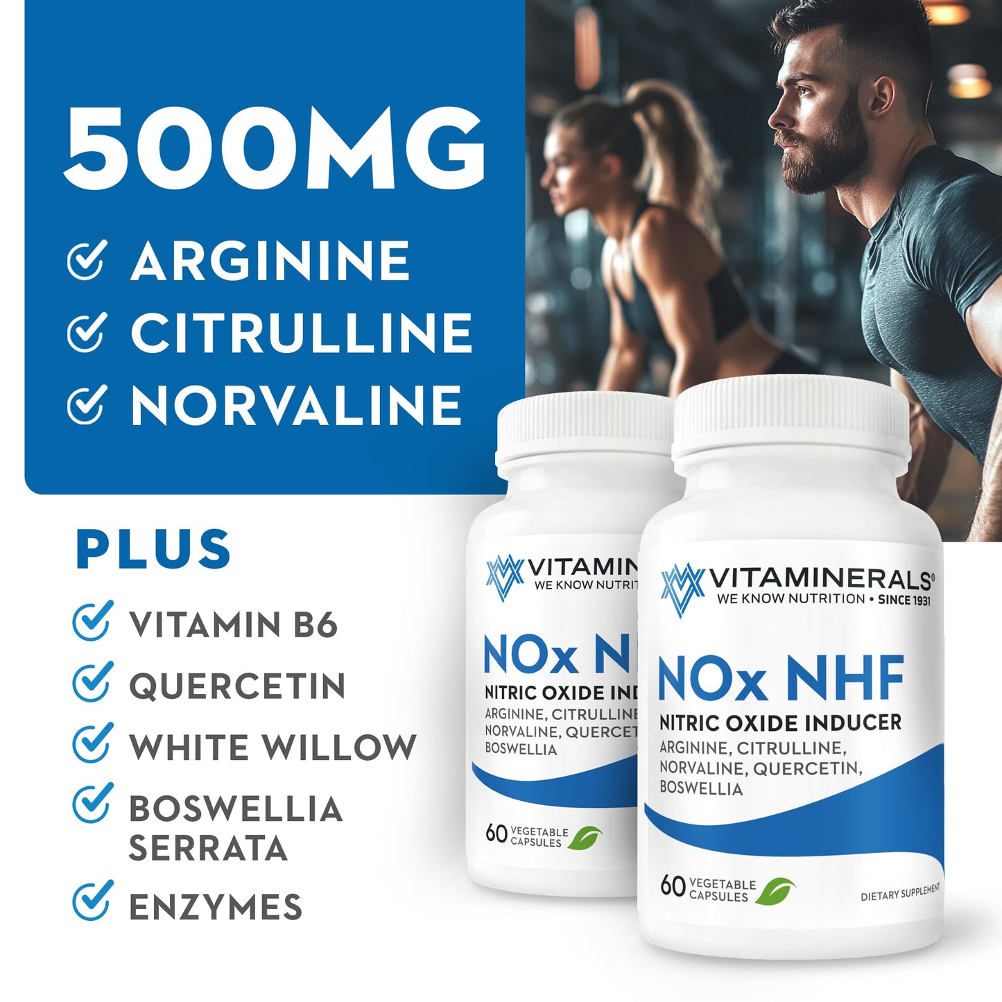 Vitaminerals 122 NOx NHF L-arginine, L-citrulline, L norvaline Plus B6, Quercetin, White Willow, Boswellia & Enzymes 60 Veggie Caps