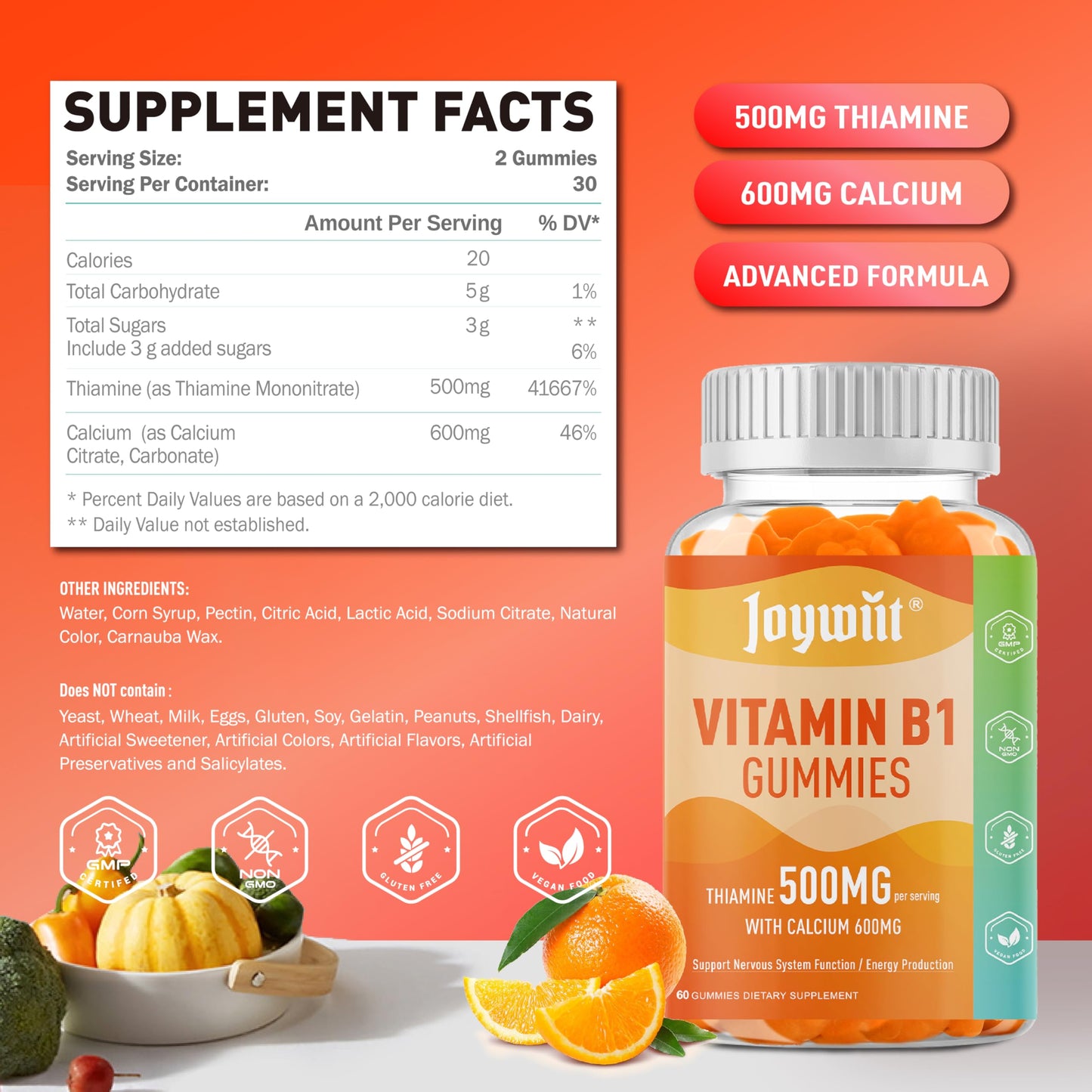 Joywiit Vitamin B1 Gummies 500mg 120 Count