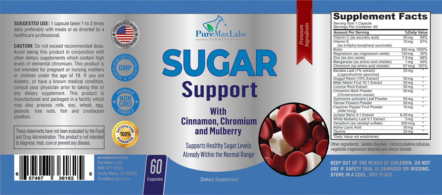 YUMMYVITE Sugar Support Supplement with Cinnamon, Chromium, Mulberry, Alpha Lipoic Acid, 20 Herbs & Vitamins - Non-GMO, 60 Capsules