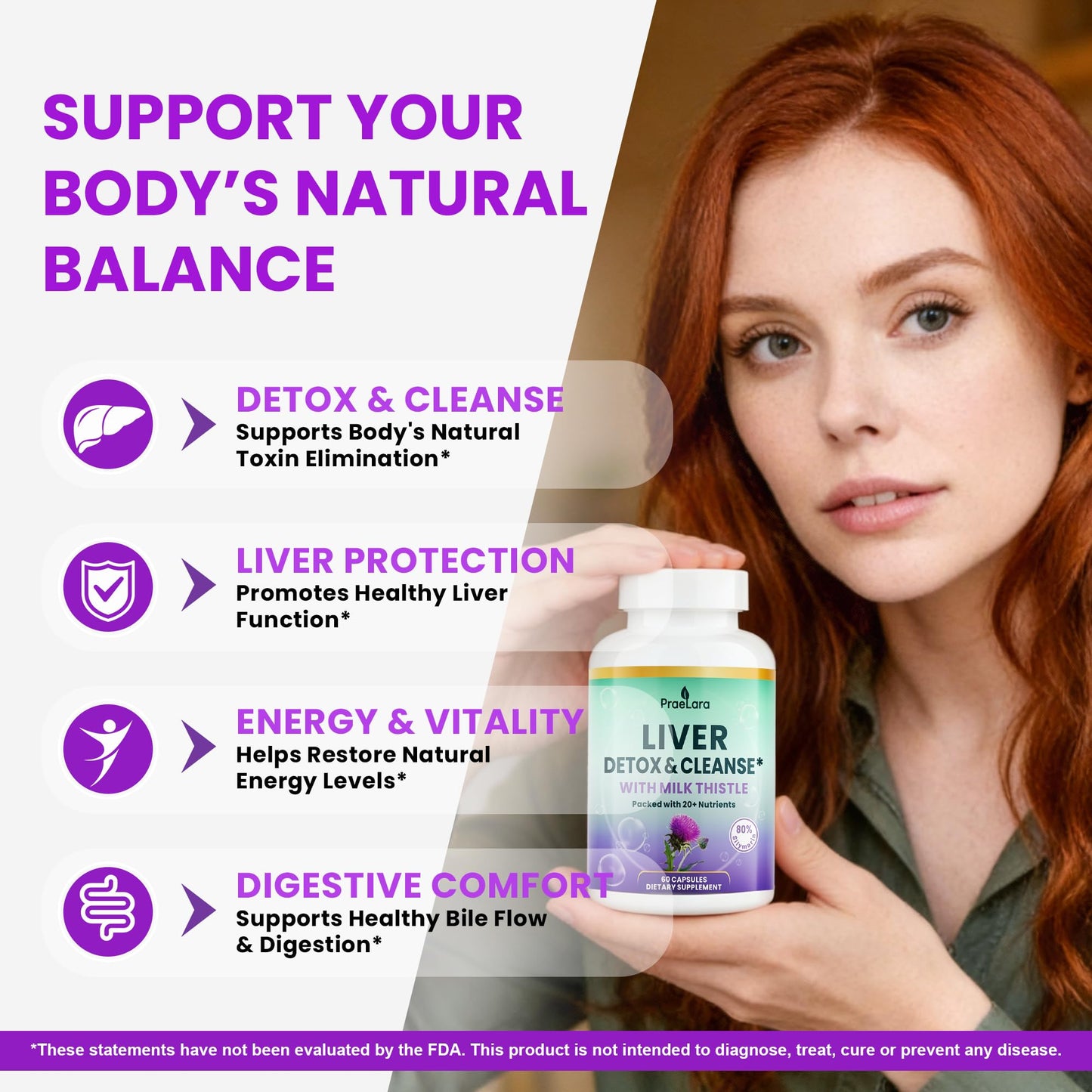 PRAELARA 32-in-1 Liver Cleanse Detox & Repair - Herbal Liver Health Support with Milk Thistle, Dandelion Root, Artichoke & Beetroot 1250mg, Vegan, Non-GMO, 60 Capsules