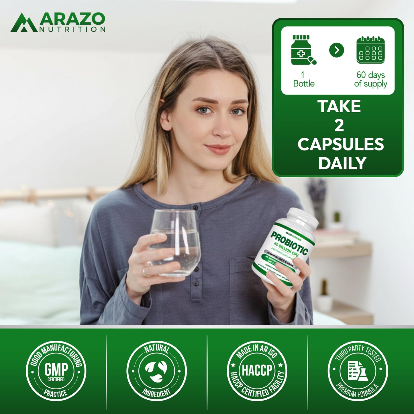 Arazo Nutrition Probiotic 40 Billion CFU Per Serving Time Delay Release with Prebiotics and Acidophilus, 60 Capsules