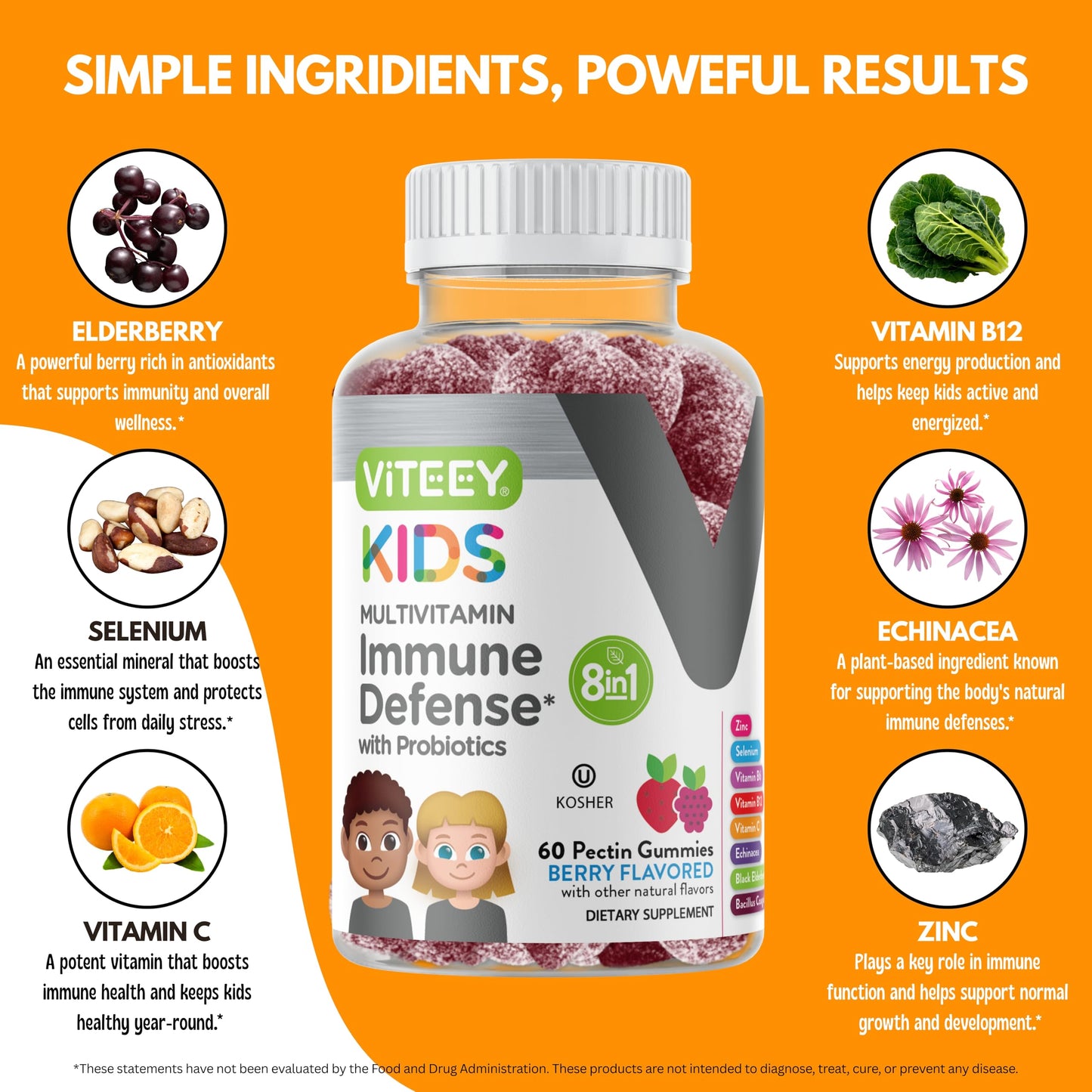 Viteey Kids Multivitamin Gummies with Probiotics - 8-1 Kids Vitamins Gummy 60 Count