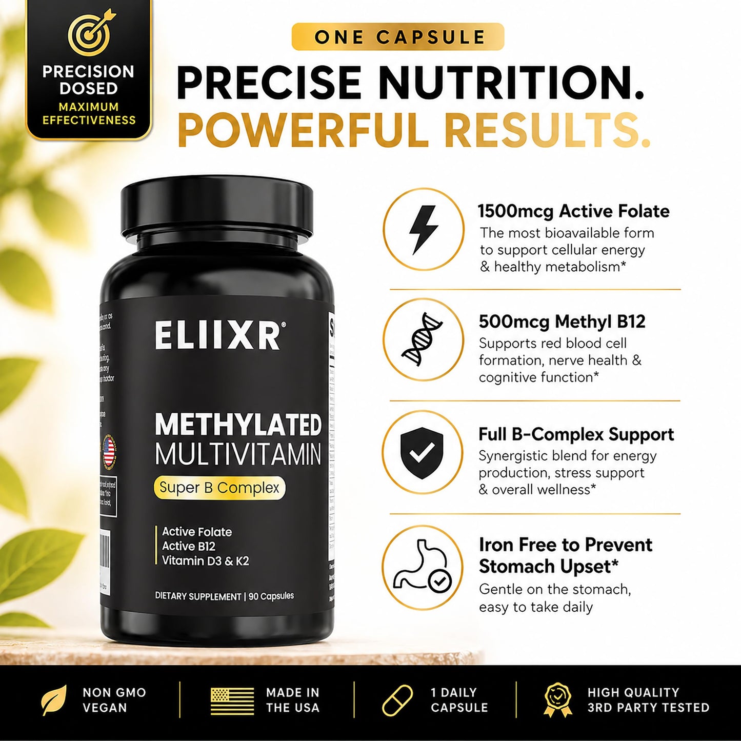 Eliixr Methylated Multivitamin Iron Free – Active B Complex with Methyl B12 & 5-MTHF Folate, CoQ10, Zinc, D3, K2 – Energy, Brain & Metabolism – Daily Vitamin for Men & Women, 90 Capsules