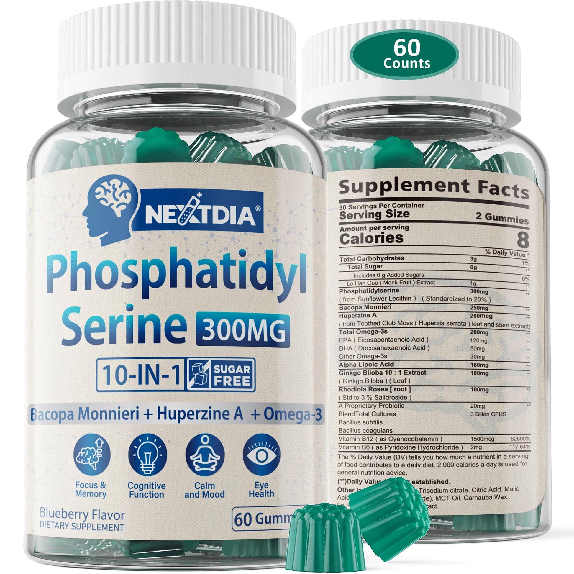 Nextdia Phosphatidylserine - Nootropic Brian Supplement, Focus & Energy Gummies + Bacopa Monnieri, Omega 3, Huperzine A, Methyl B12 & B6 for Seniors, Gamers, Workers, Non-GMO, Caffeine-Free, Sugar Free, 60 Gummies