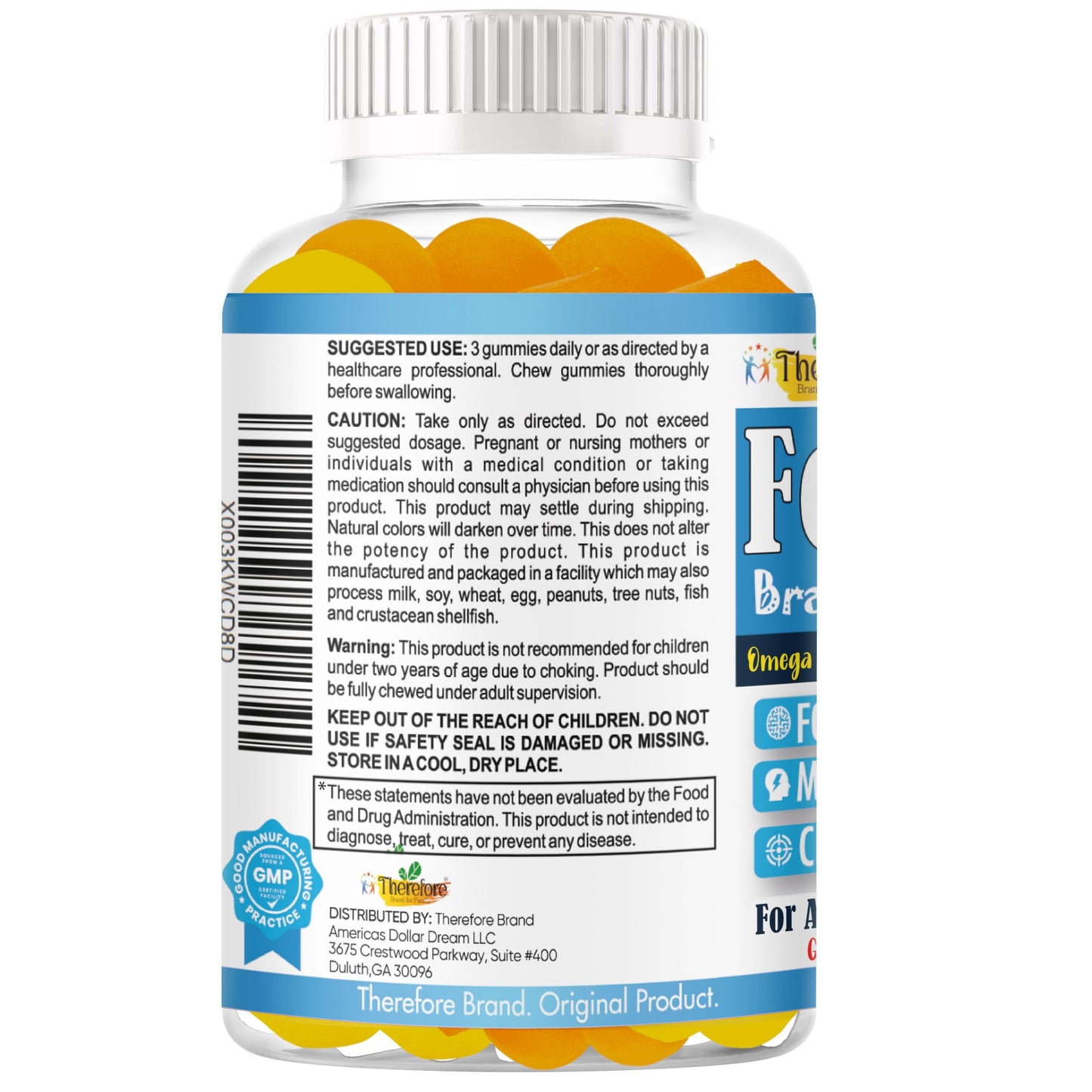 Therefore Focus Gummies for Kids & Teens Omega-3 DHA for Memory, Concentration and Attention, 60 Gummies