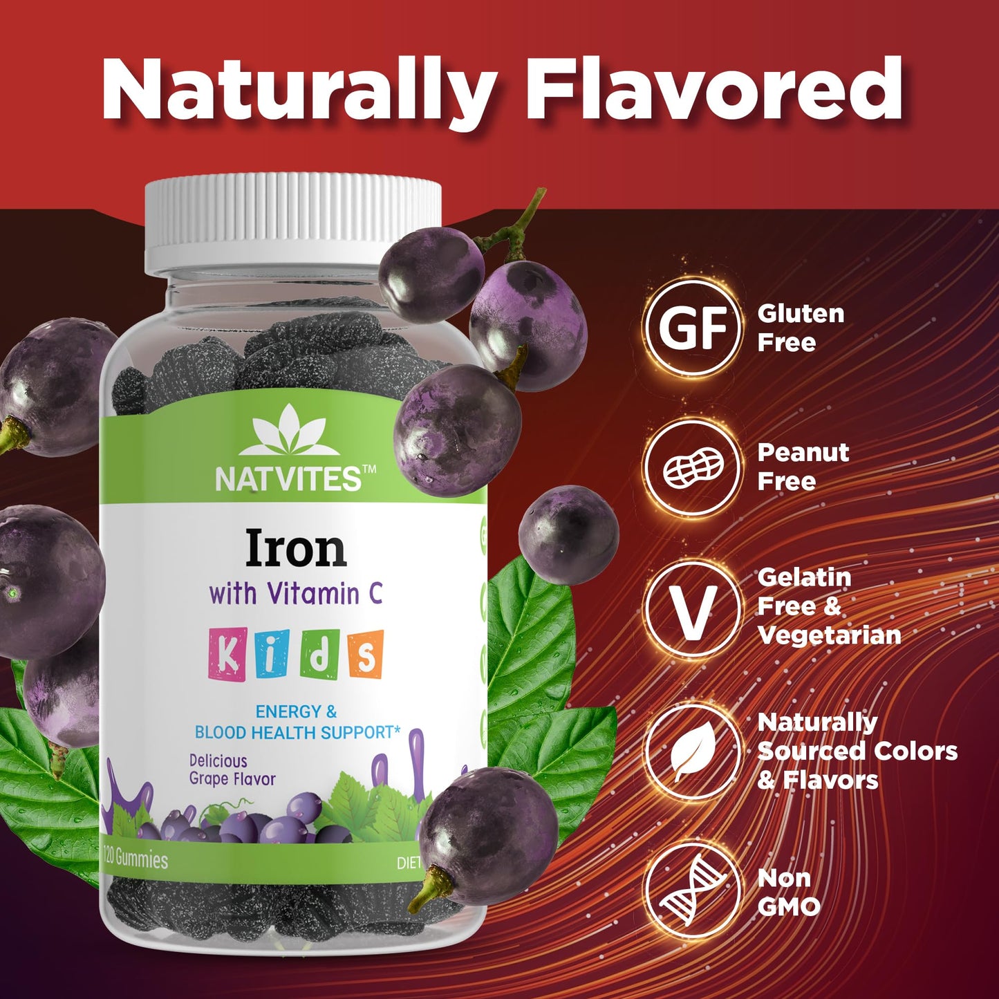 Natvites Kids Iron Gummies with Vitamin C Gummy 120 Count