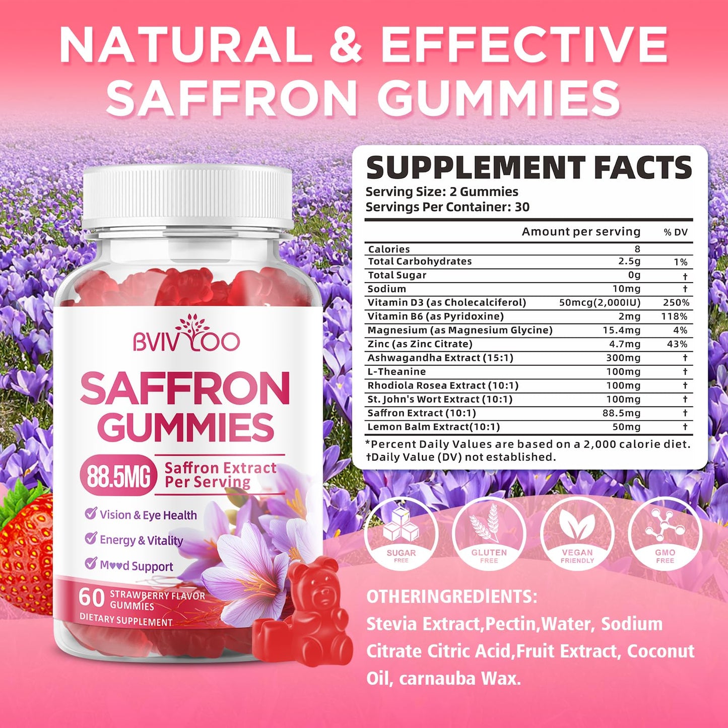 BVIVLOO Saffron Gummies 10-in-1 Formula, 2-Pack