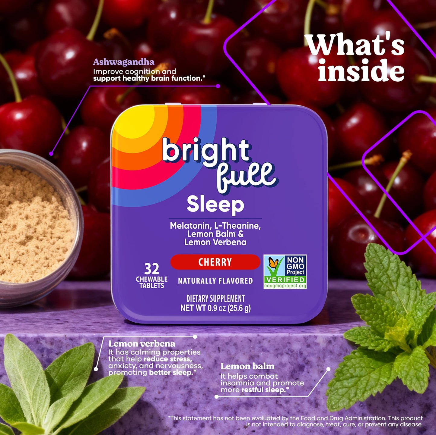 BRIGHTFULL Sleep Chewable Tablets with Melatonin, Ashwagandha, L-Theanine & Lemon Balm, Cherry Flavor, 32 Count