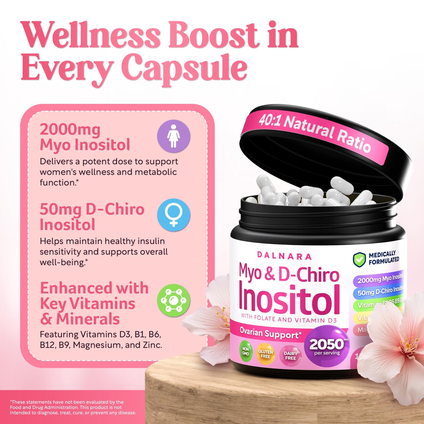 Dalnara Myo-Inositol & D-Chiro Inositol Supplement for Women - 40:1 Ratio with Folate, Vitamin D3, Magnesium & Zinc - Women's Wellness Multivitamin - 2050mg, 120 Capsules