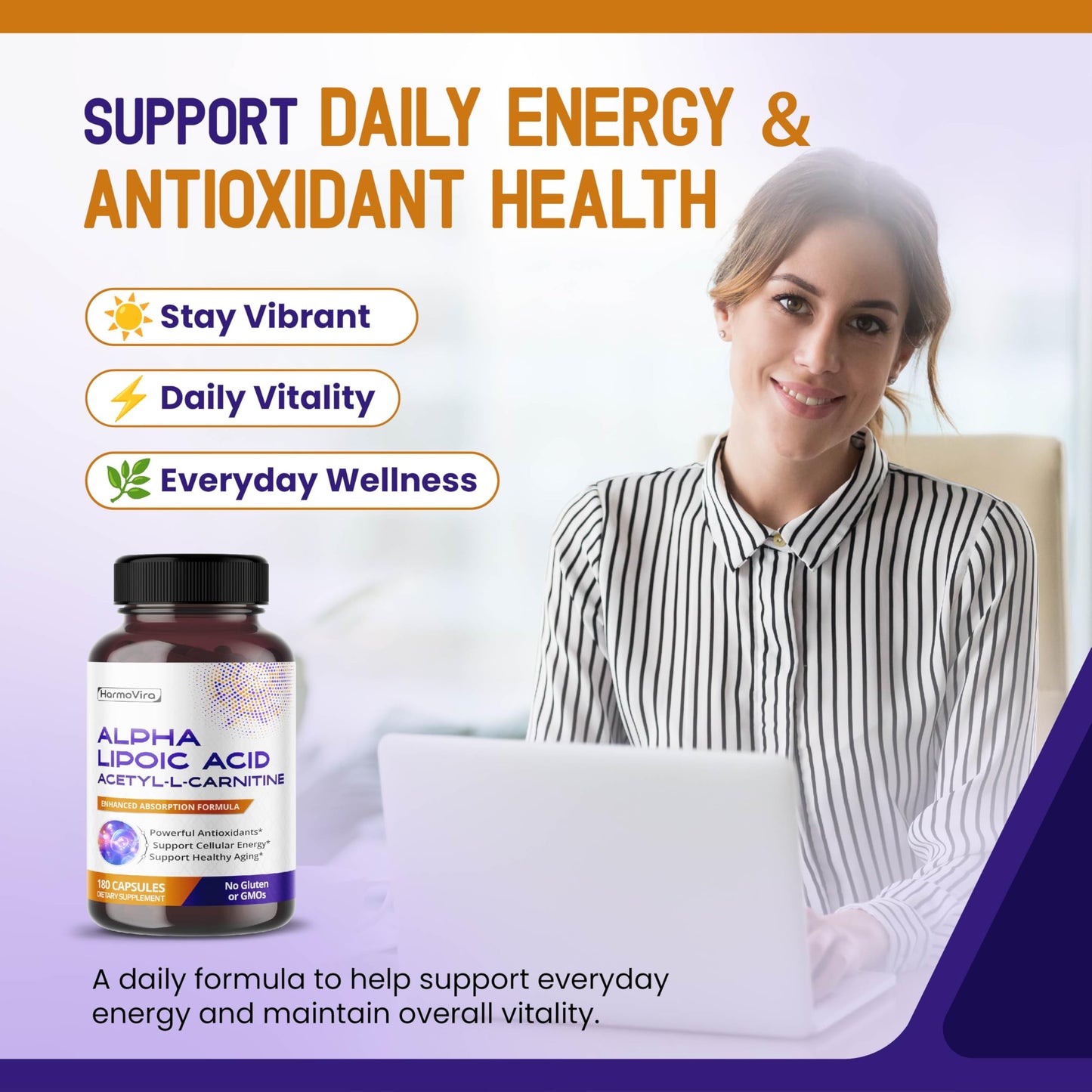 HarmoVira Alpha Lipoic Acid Acetyl-L-Carnitine with Ubiquinol, Curcumin & B Vitamins, Daily Wellness Support, 180 Capsules