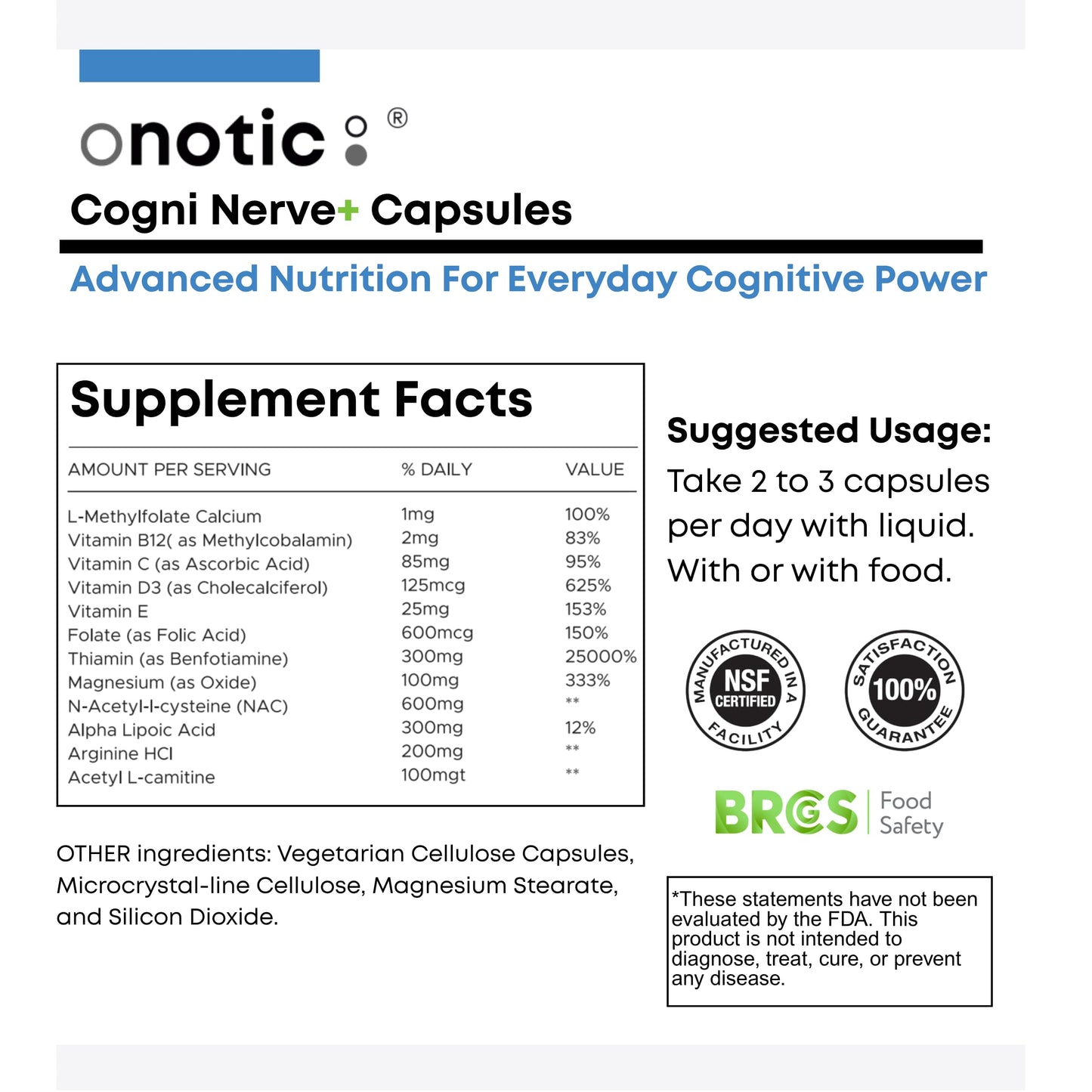 ONOTIC Brain Wellness Capsules with L-Methylfolate, NAC, Vitamin B12 for Memory & Focus, Vegan, Non-GMO, Gluten Free, 90 Capsules