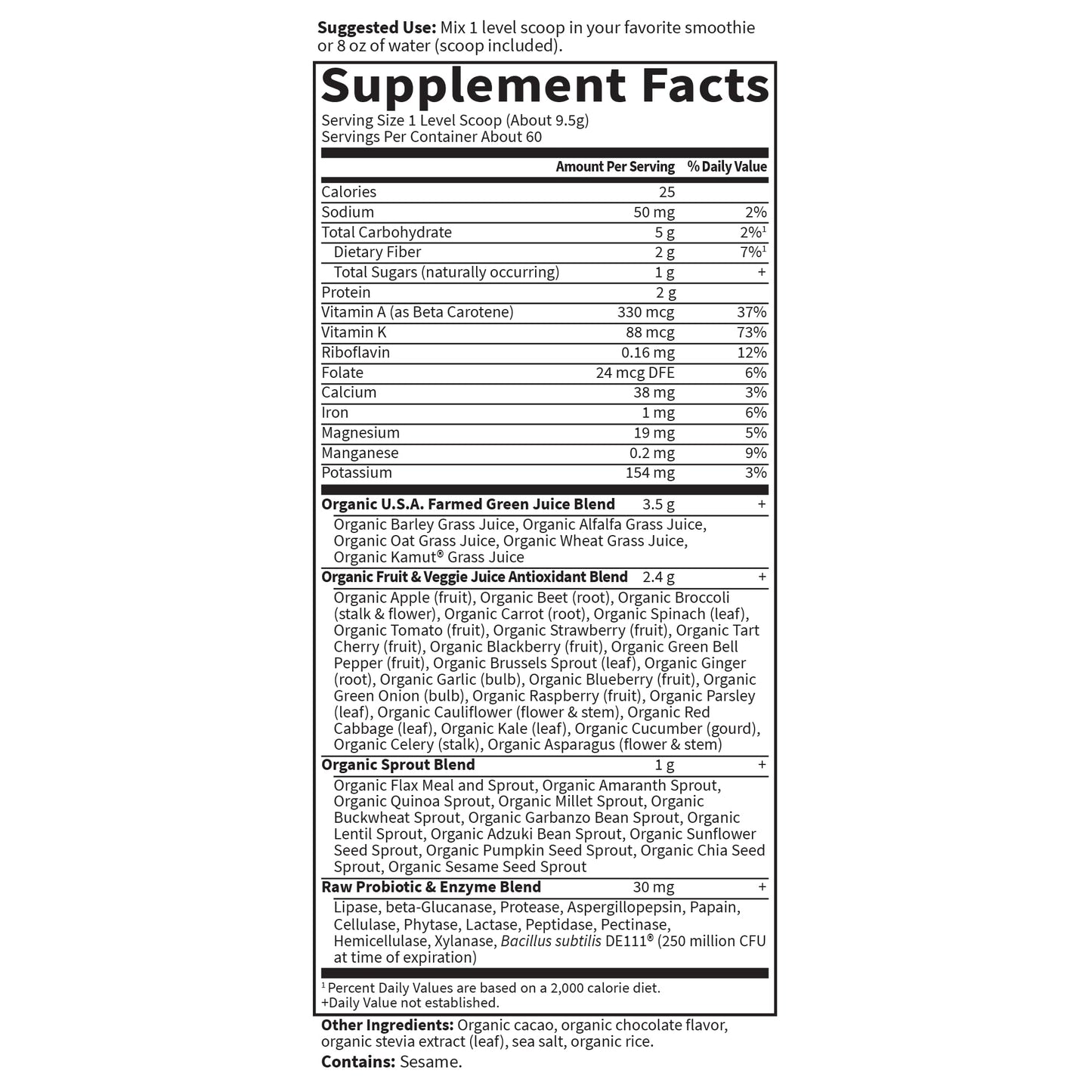 Garden of Life Raw Organic Perfect Food Chocolate Powder 20.1 oz