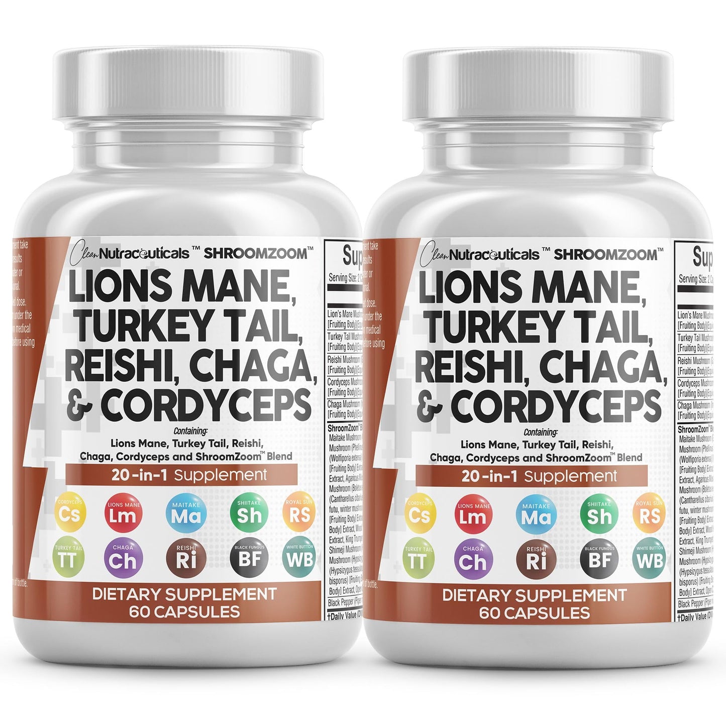 Clean Nutraceuticals Lions Mane 20in1 Mushroom Supplement with Turkey Tail Reishi Cordyceps Chaga Maitake Meshima Poria Cocos Shiitake Oyster Porcini Enoki, 60 Capsules