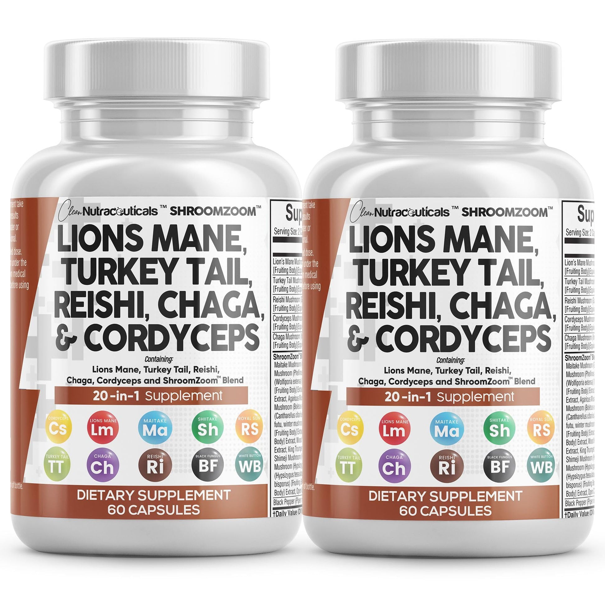 Clean Nutraceuticals Lions Mane 20in1 Mushroom Supplement with Turkey Tail Reishi Cordyceps Chaga Maitake Meshima Poria Cocos Shiitake Oyster Porcini Enoki, 60 Capsules